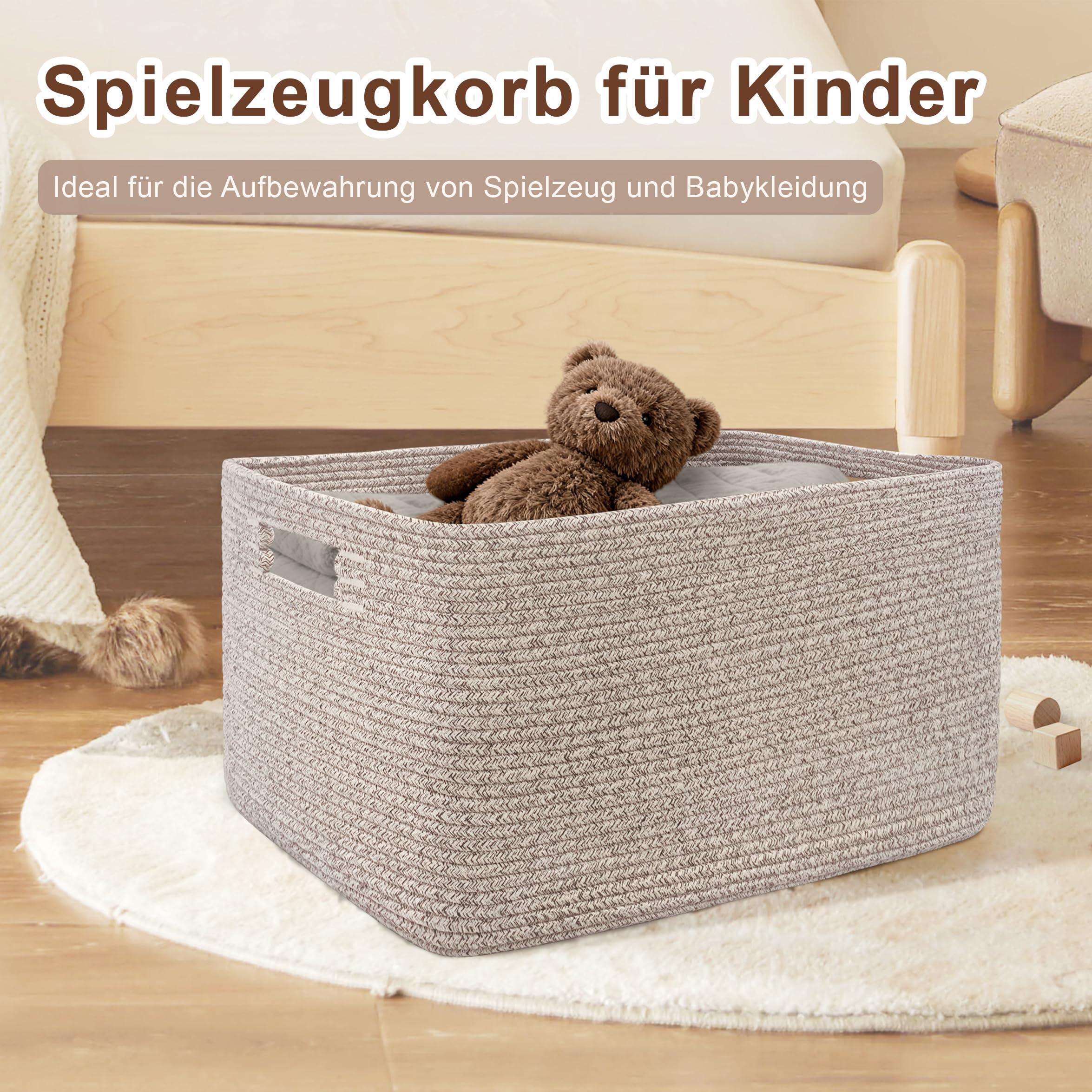 72L großer Wäschekorb geflochten mit Henkeln, Hellbraun | Aufbewahrungskorb aus Baumwollseil für Decken, Spielzeug & Kleidung, Stoffkorb für Wohnzimmer, Kinderzimmer, 55×43×30 cm