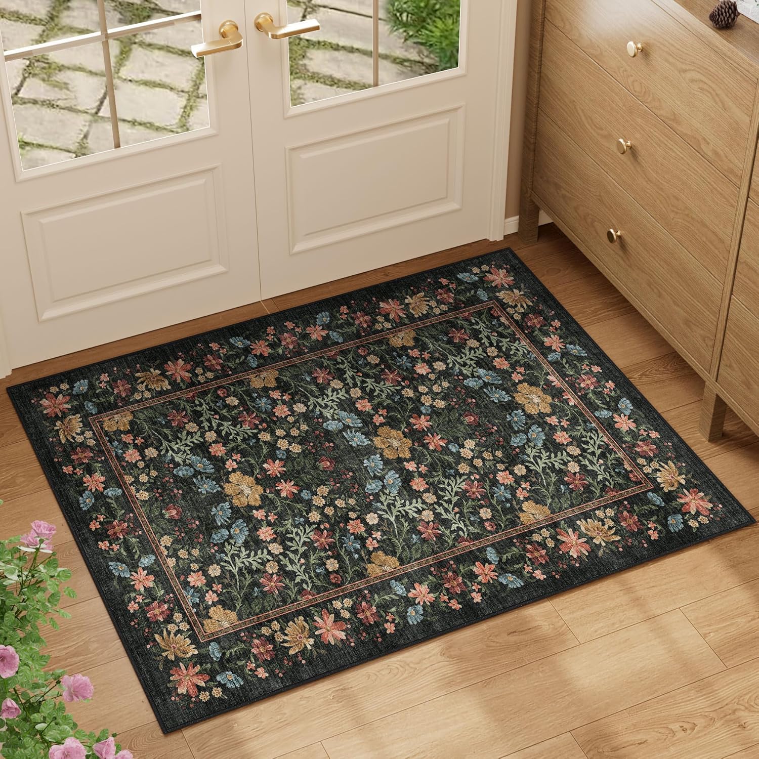 DUKINO 2x3 Entryway Rug, Floral Washable Area Rug with Non Slip Indoor Door Mat, Vintage Low Pile Small Front Door Throw Carpet for Kitchen, Entrance, Bathroom, Bedroom, Black Black 2' x 3' (Rectangular)