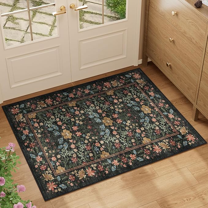 Tapete Floral Lavable 2x3 Pies Antideslizante Negro miniatura 3
