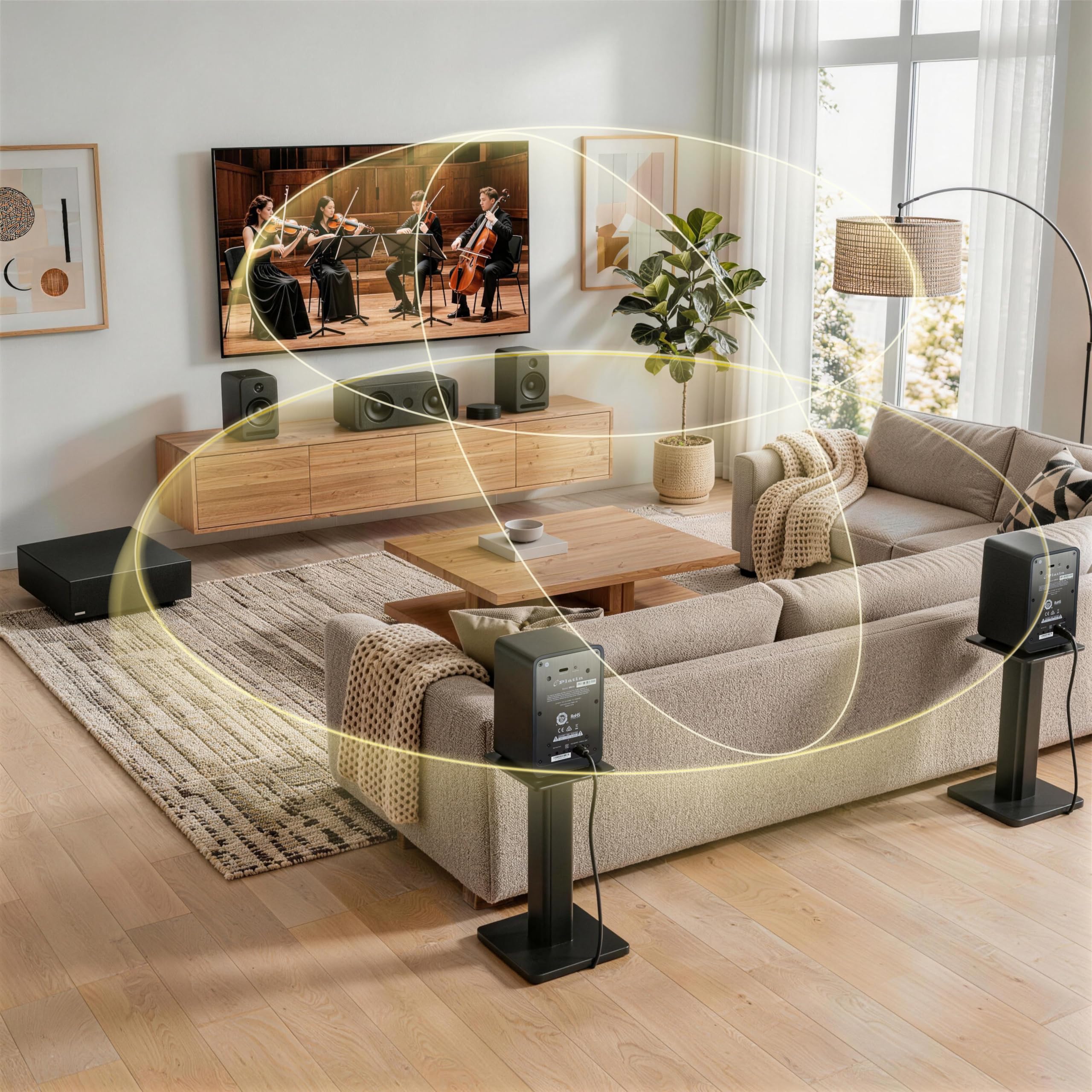 Système audio 5.1 sans fil avec Dolby Atmos – Système audio home cinéma Monaco, système de son surround WiSA, accordé THX, audio 24 bits, pour TV et Xbox, noir