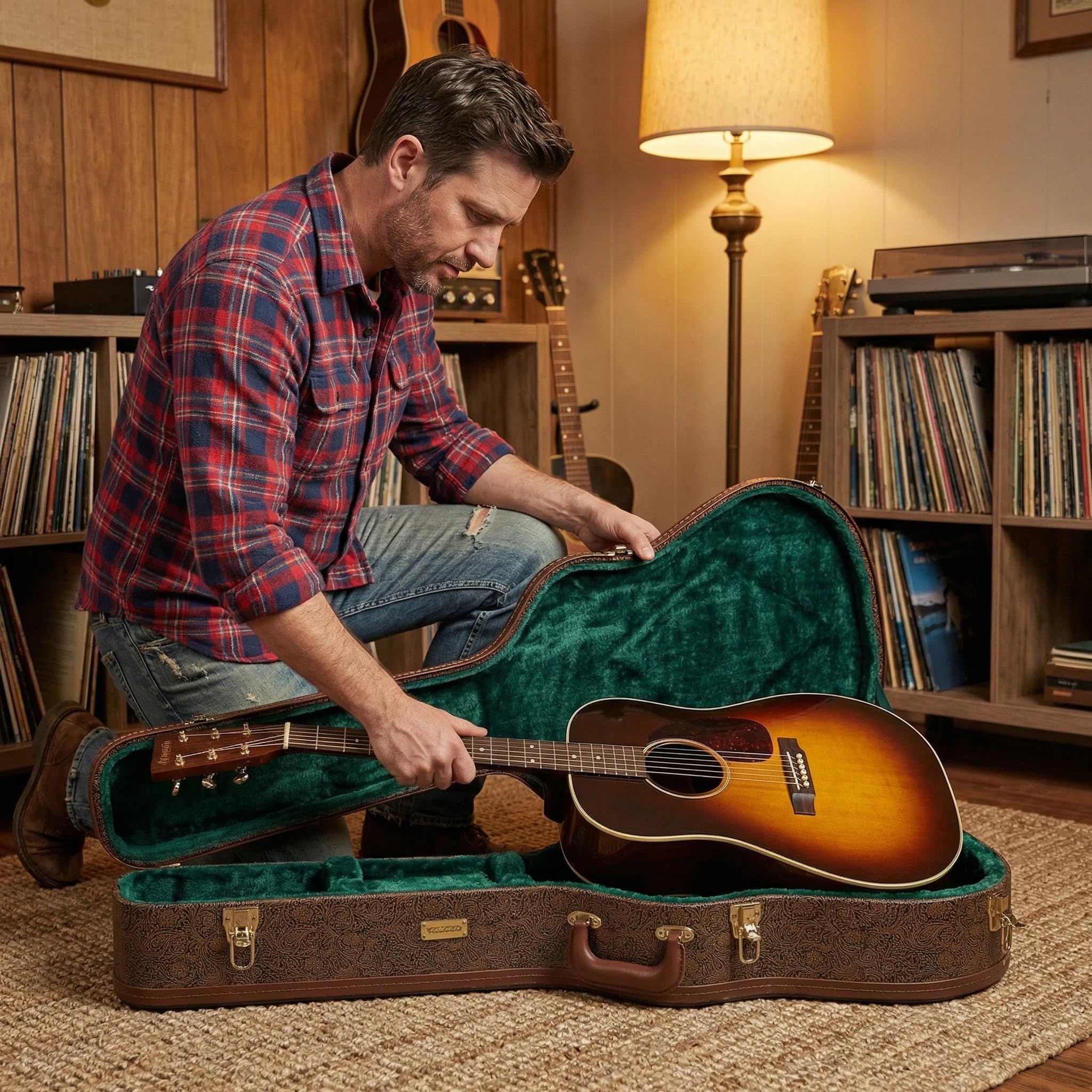 Crossrock Designer Series - Custodia per chitarra classica per corde in nylon 4/4, pelle sintetica marrone fiore, interno in velluto verde foresta, serratura - guscio rigido in legno di alta qualità