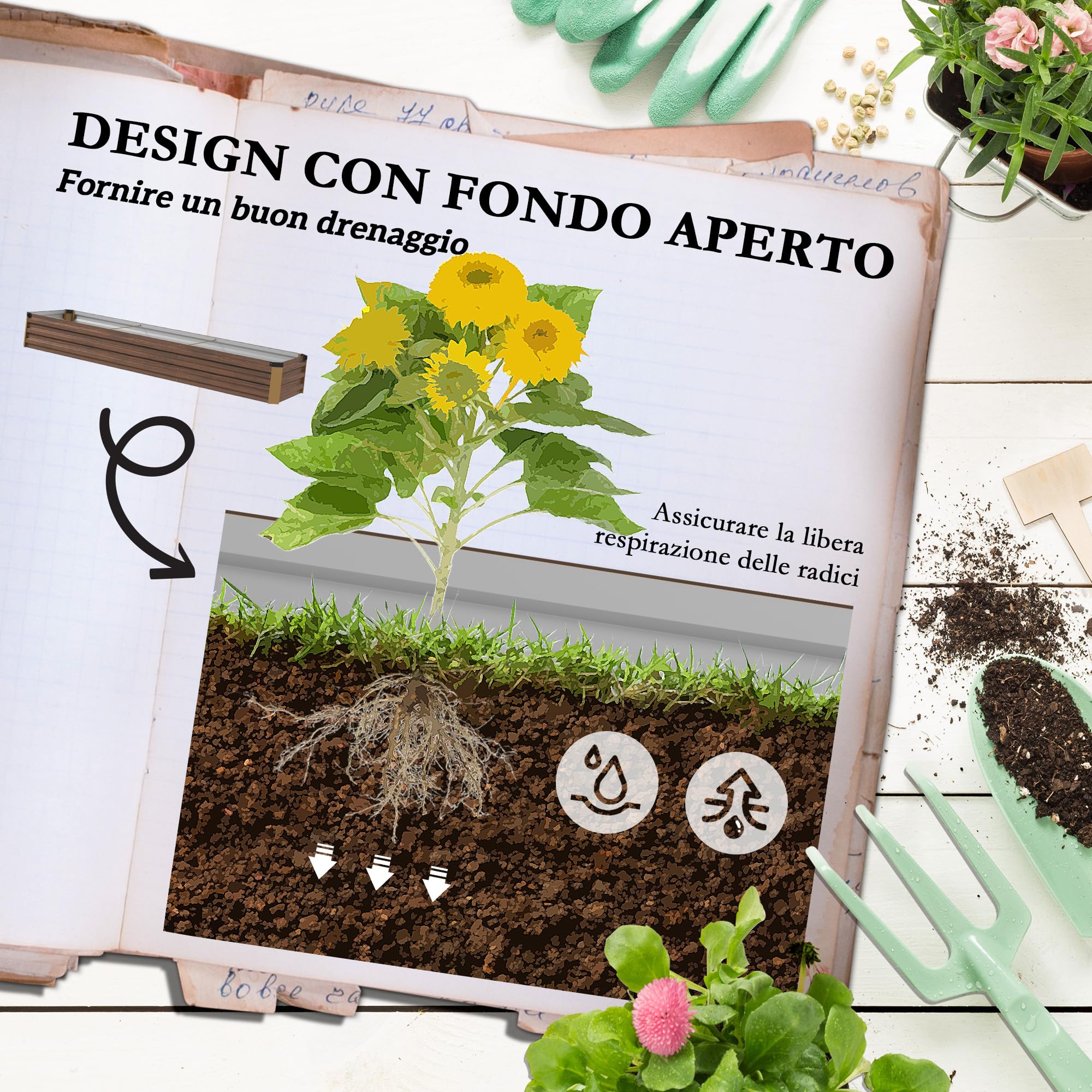 Outsunny Letto per Orto Rialzato 405L 240x60x30 cm Effetto Legno Scuro | da Esterno, Fioriera da Balcone, Acciaio Galvanizzato, Fondo Aperto, per Piante Fiori e Verdure