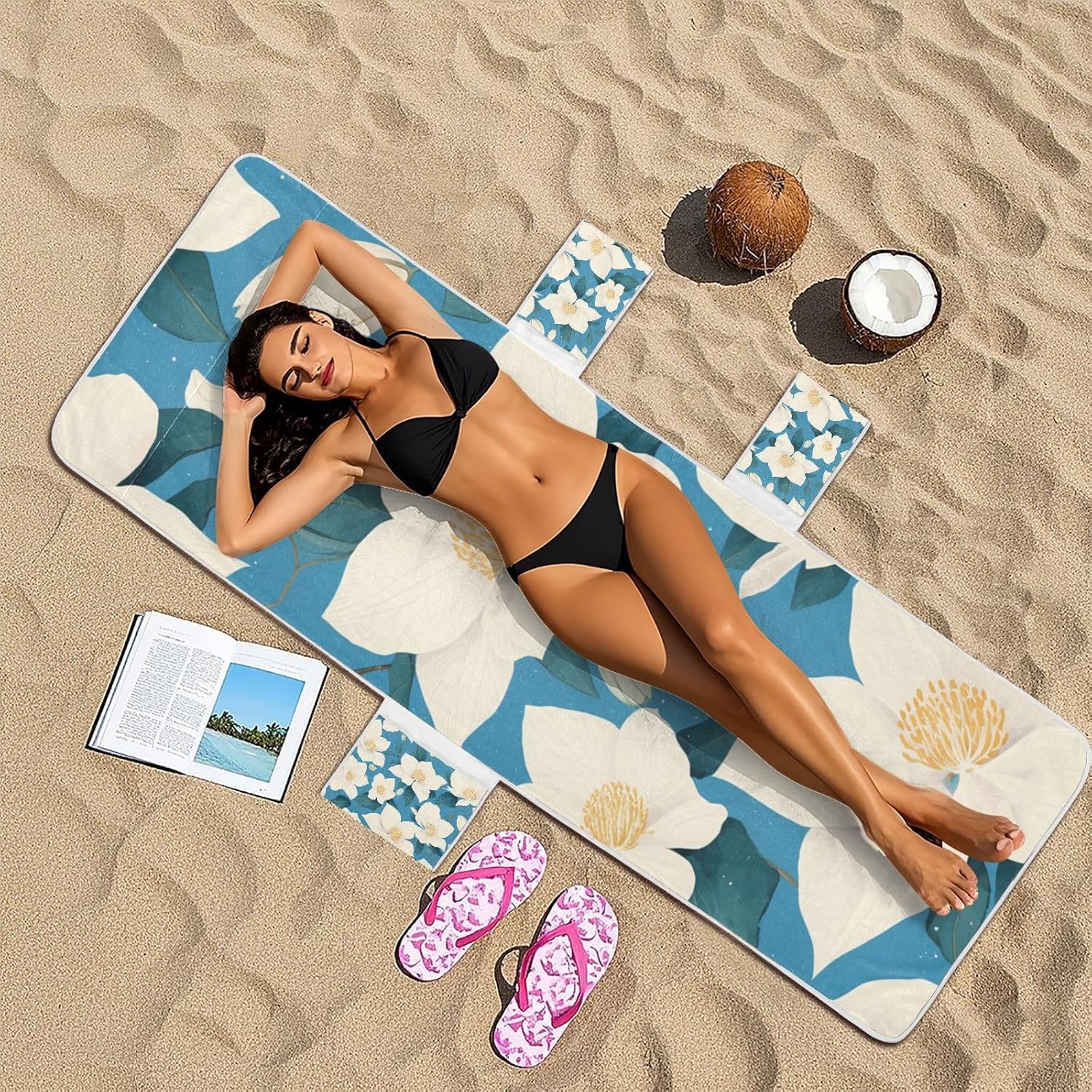 Chic White Clematis Flowers Teal Background Patio Chaise Lounge Chair Cover Waterproof Beach Chair Cover with Windproof Straps for Pool Sunbathing Beach Garden, 85" X 30"