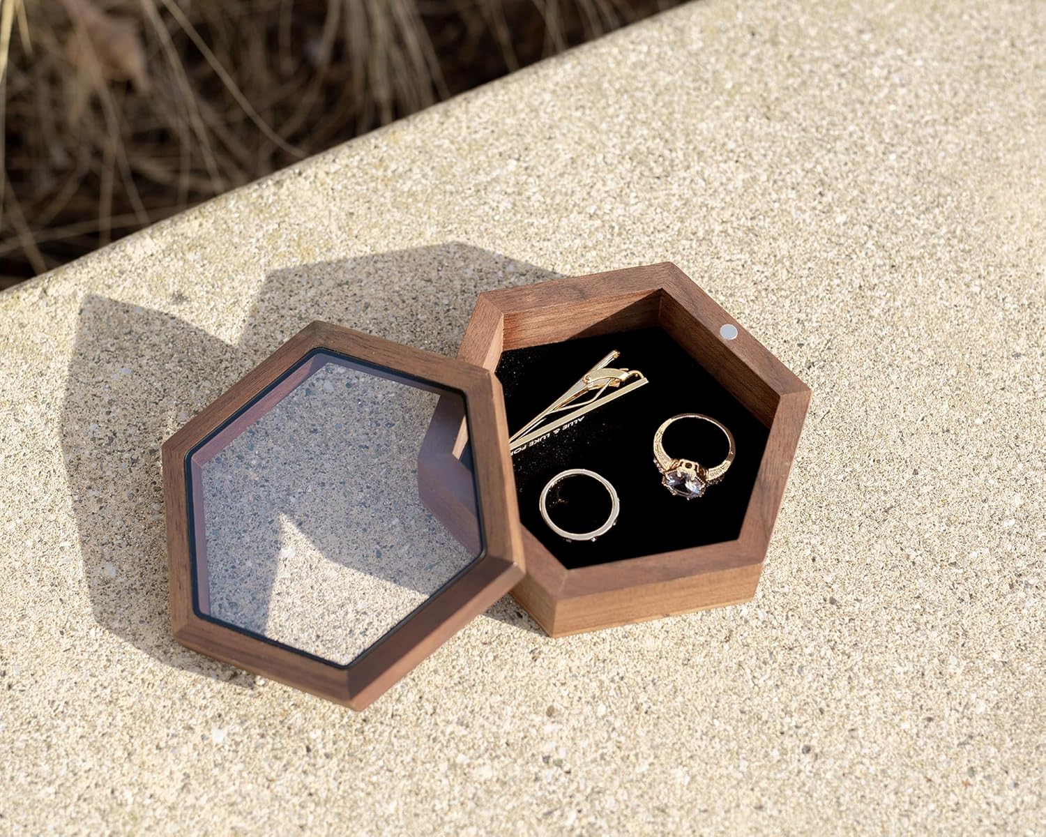 MUUJEE Wooden Hexagon Jewelry Box w/Magnetic Lid - 4.30 x 3.75 x 1.4 Rustic Classy for Jewelry Box Storage, Wedding Rings, Ceremony Ring Bearer