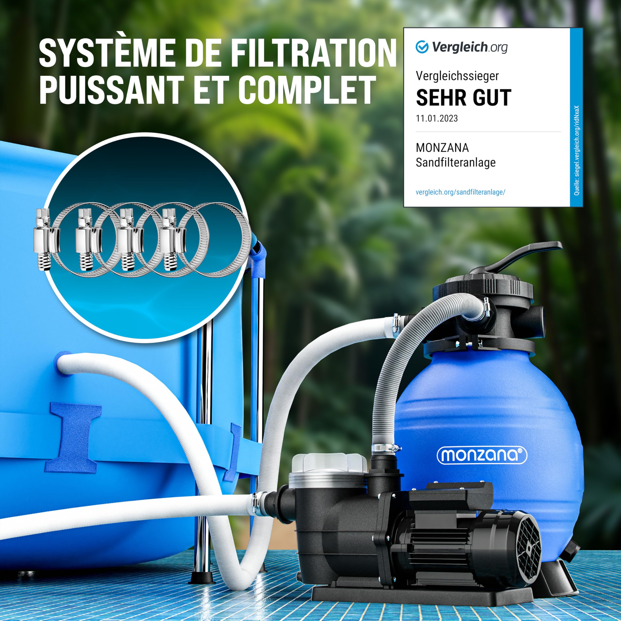 MONZANA® Pompe filtre à sable 9,6 m³ auto-amorçante pour piscines jusqu'à 30 m³ préfiltre vanne 7 voies raccord 2en1 Ø32-38mm système de filtration à sable