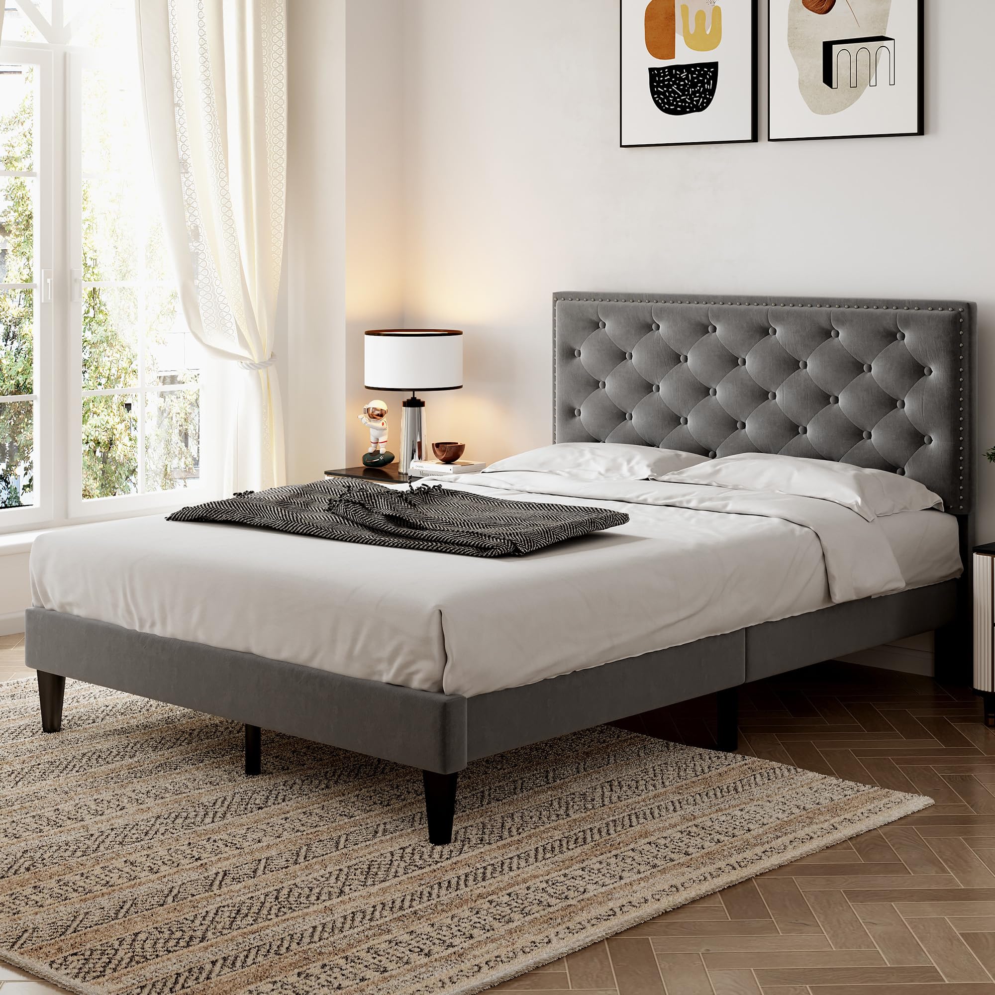 Upholstered Double Bed, 4FT6-135x190cm Double Bed with Adjustable Headboard, Solid Wood Slat and Mute Foam, Double Bed Frame, Velvet Bed， (No Mattress) (Grey)