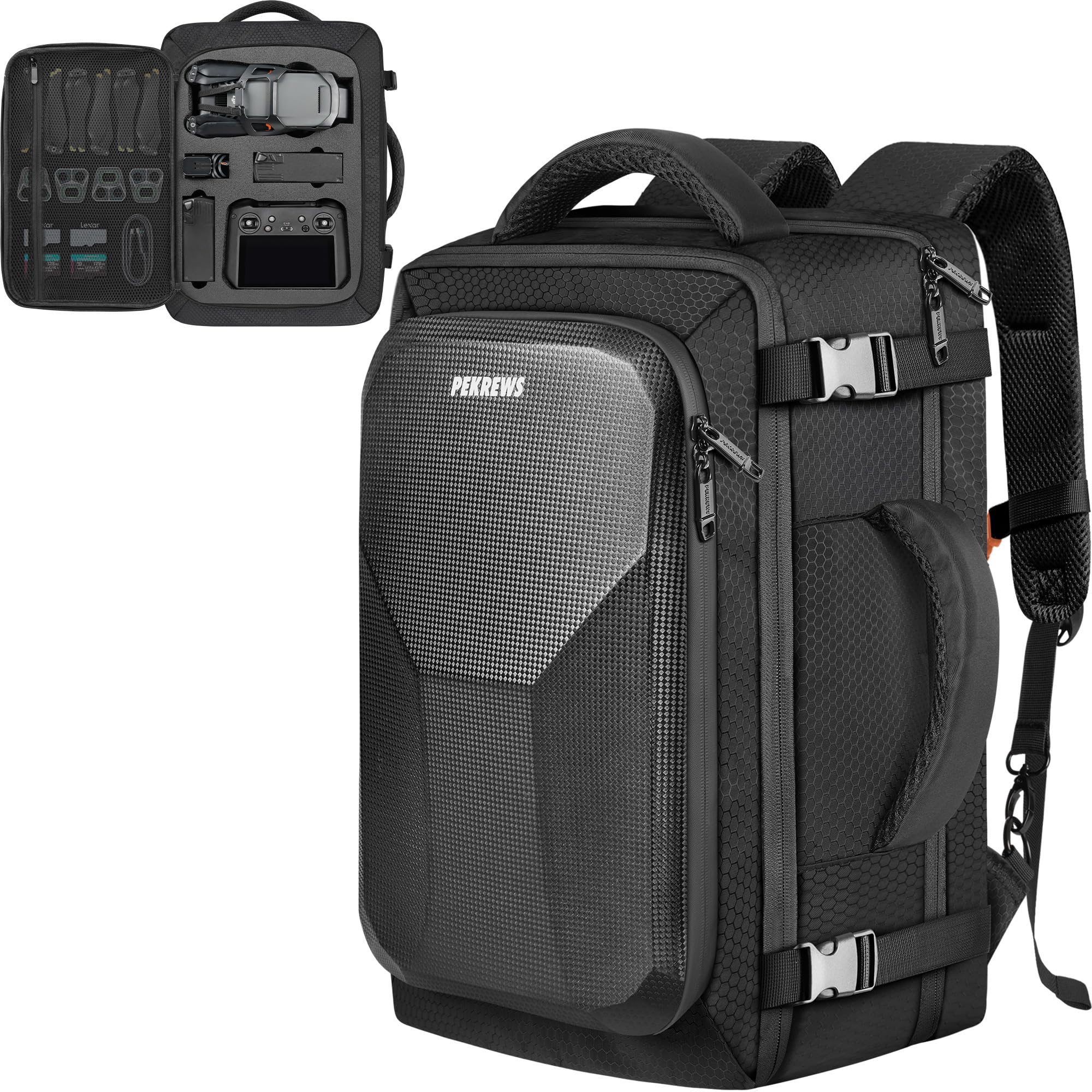 PEKREWS Mavic 3 Pro Tasche, Erweiterbar Handgepäck Rucksack für DJI RC/Pro/N1 Controller, Hartschale Tragetasche Wasserabweisende Reisetasche für 17,3 Zoll Laptop, Fly More Combo und Drohne Zubehör