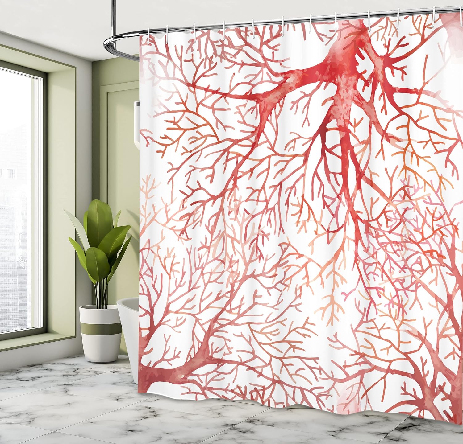 Ambesonne Coral Shower Curtain, Monochrome Watercolor Image of Leafless Fall Autumn Tree Branches Peaceful Print, Cloth Fabric Bathroom Decor Set with Hooks, 69" W x 75" L, Red