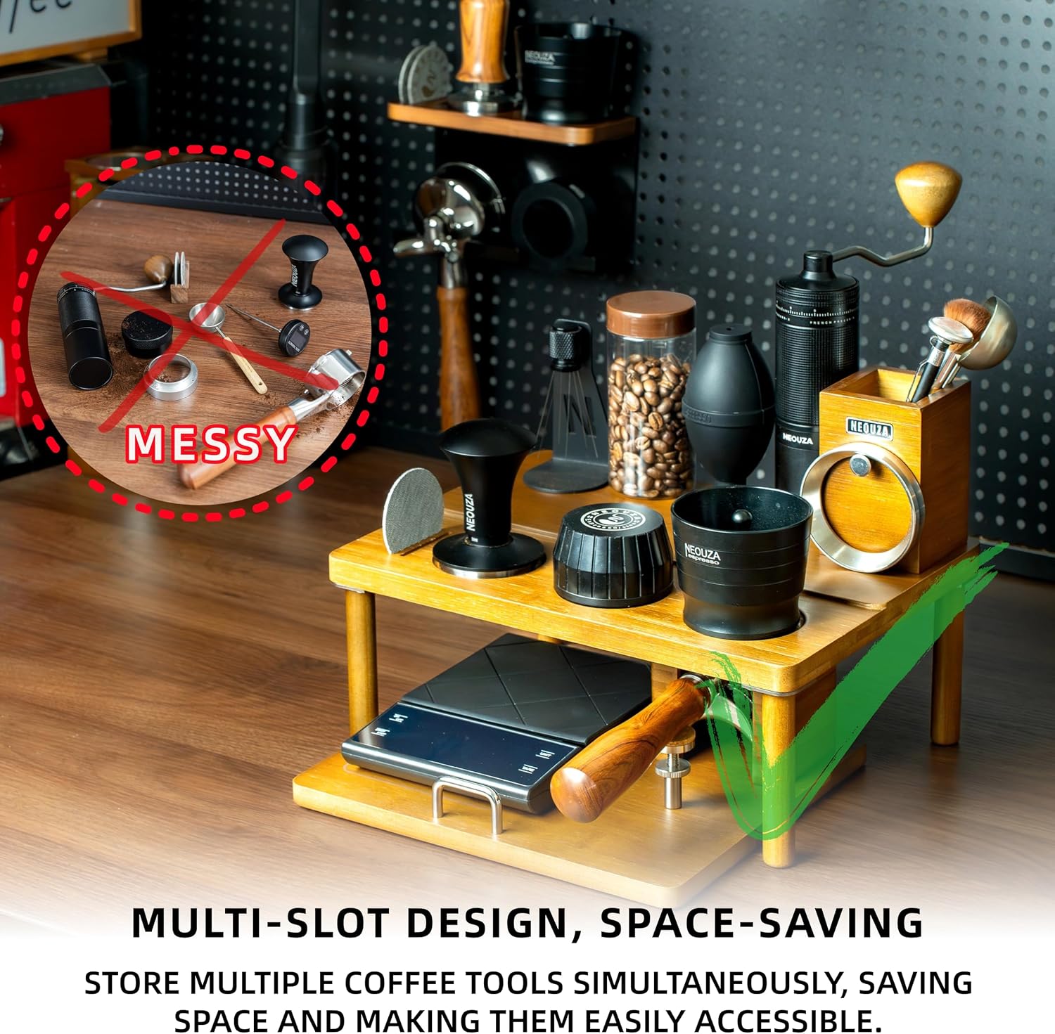 NEOUZA Espresso Organizer Station with Built-in Tamping Stand - All-in-One Bamboo Coffee Bar Workstation, Features Pull-Out Shelf, Storage for Portafilters, Tamper, Distributor & Tools