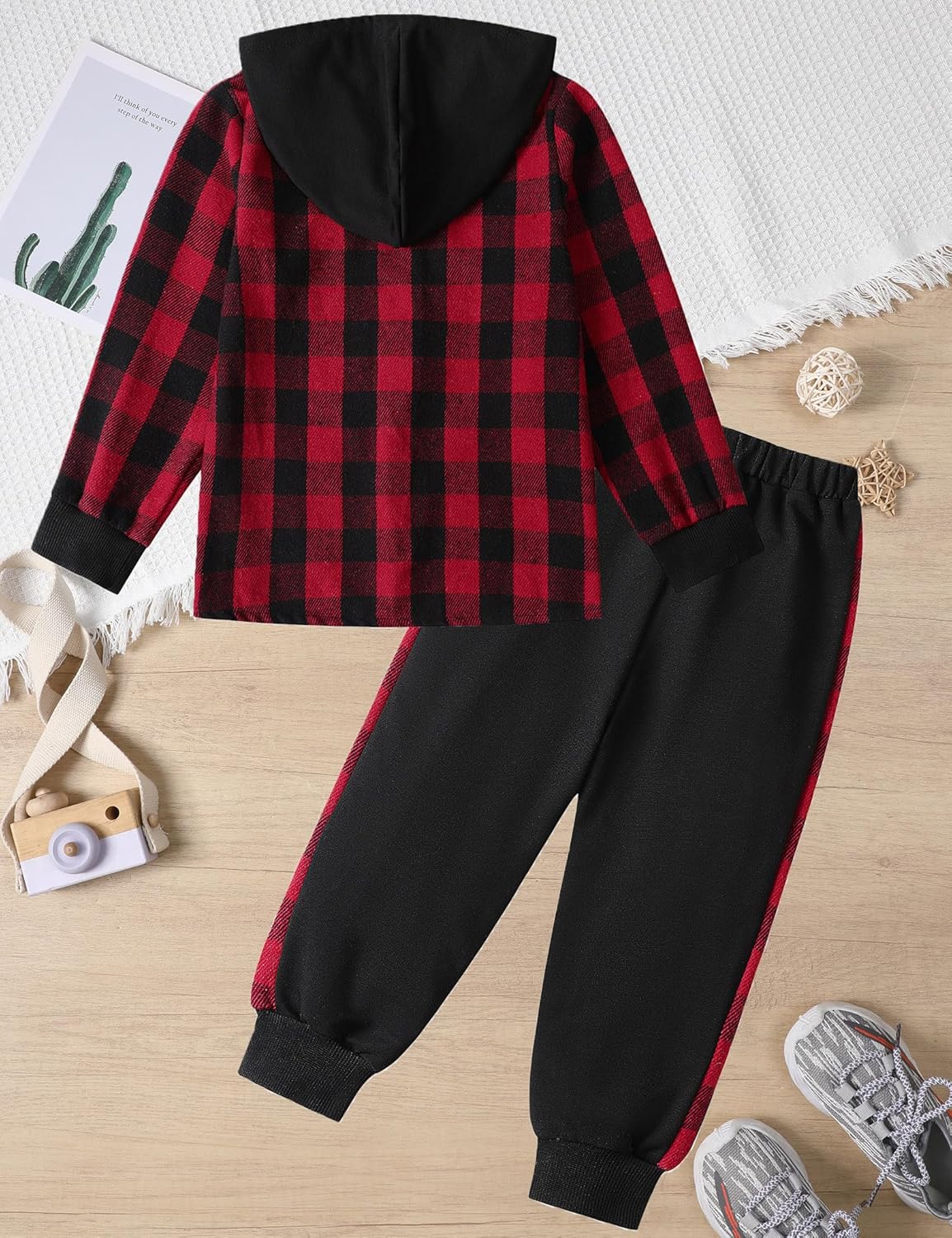 Toddler Boy Clothes Plaid Hooded Shirt White T-shirt Top and Solid Color Pants 3Pcs Winter Boys Clothes - Image 6