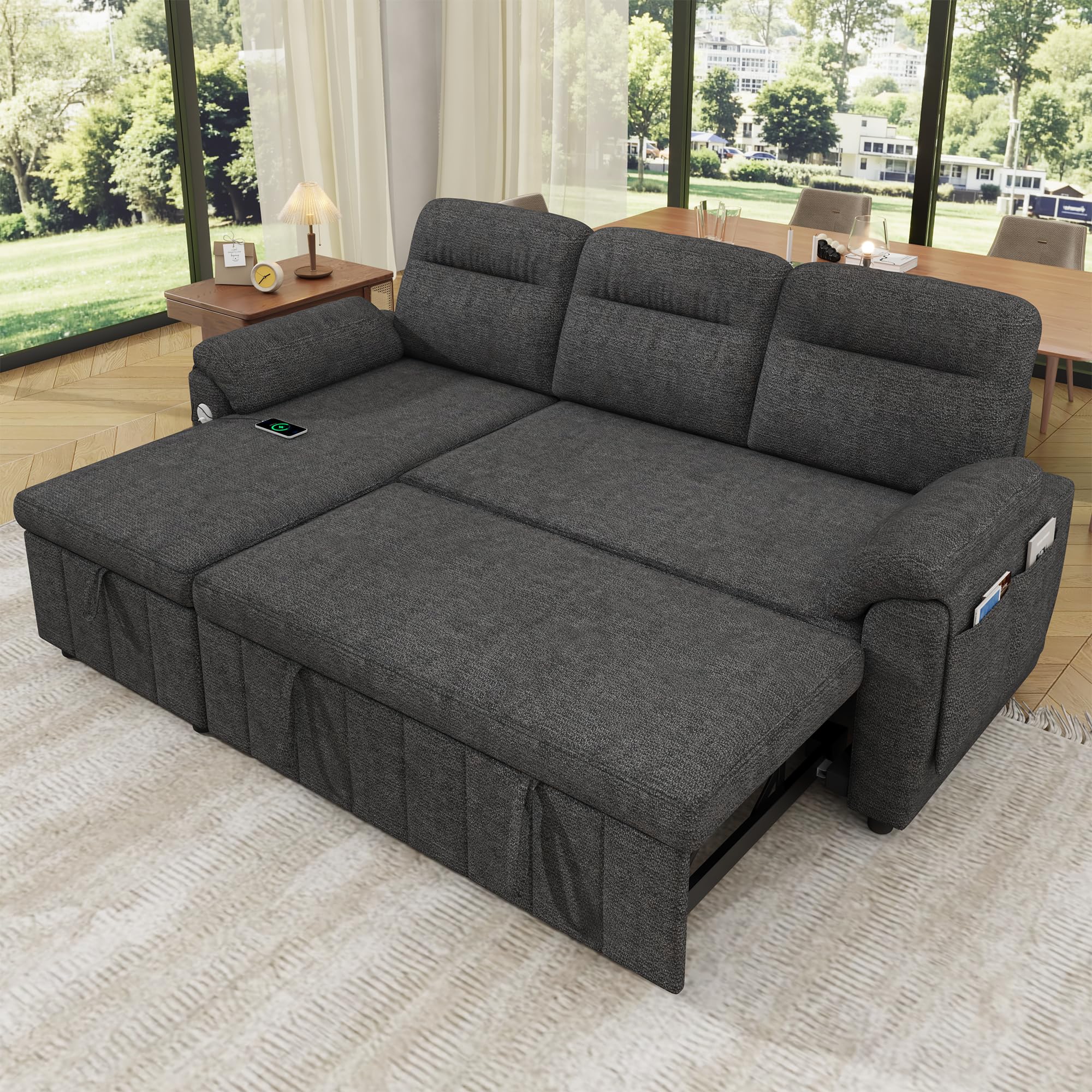 Sofá modular de 3 plazas con función cama extensible y USB/Type-C, sofá esquinero en forma de L con reposacabezas semifijos y compartimento de almacenamiento, sofás con chaise longue