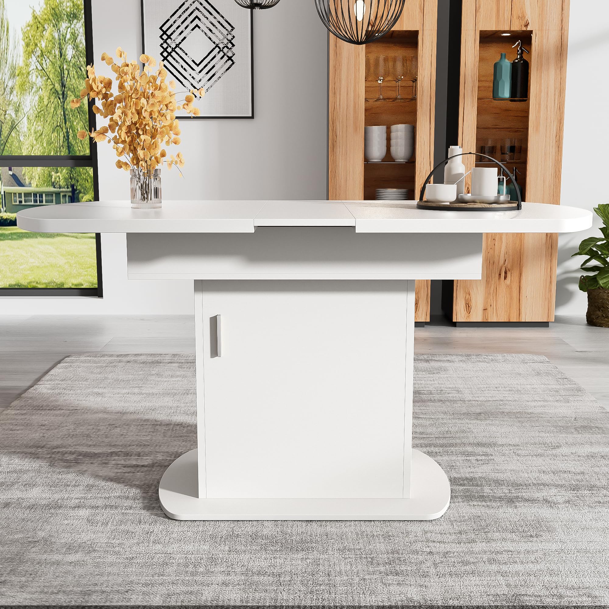 LANTRO JS Extendable Dining Table, 110-130x70cm Space Saving Oval Dining Table with Storage Cabinets, Modern Multifunctional Extending Table, White