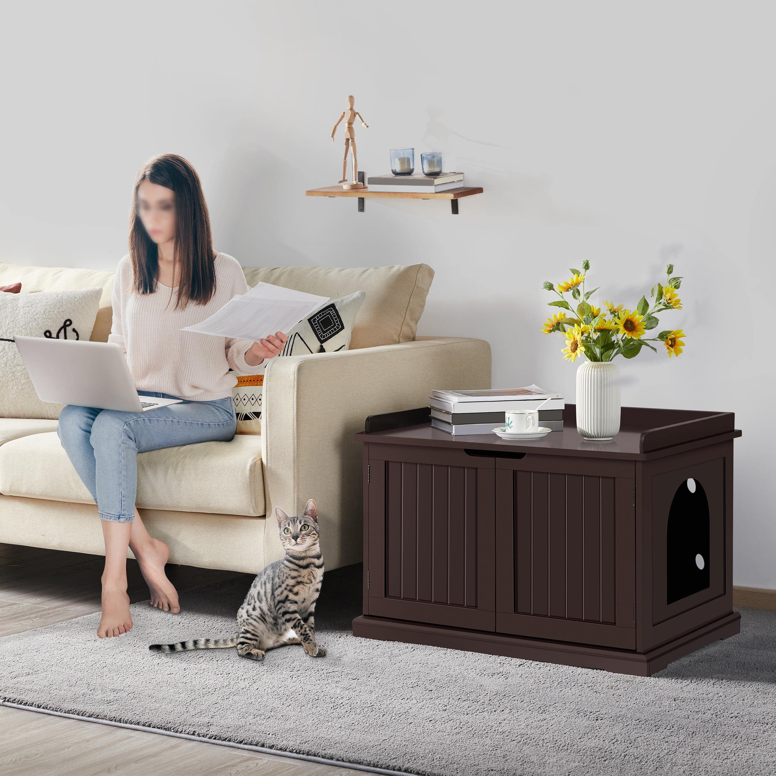 Yaheetech Wood Cat Litter Box Enclosure, Indoor Cat Crate with Double