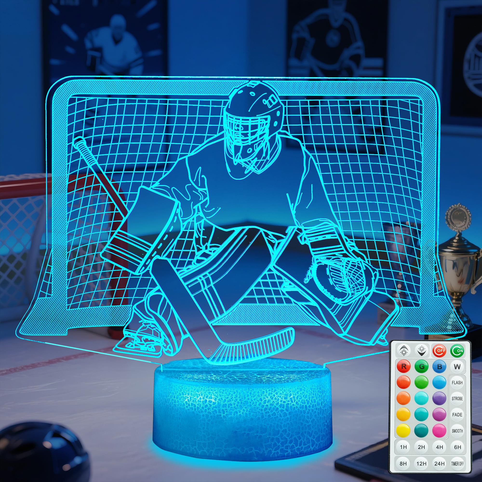 Hockey Night Light, Hockey Goalie Gifts, 3D Illusion Lamp with Remote Control, 16 Colors Changing, RGB Flashing Mode, Timer and Dimmable, Hockey Gifts for Boys Christmas Decor