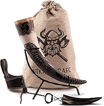 VIKING CRAFT Viking Drinking Horn Engraved Approx. 450 ml - Extra Large 5-Piece Horn Set for Mead Honey Wine with Stand - Viking Gifts, Medieval Beer Mug Decoration, Honey Met