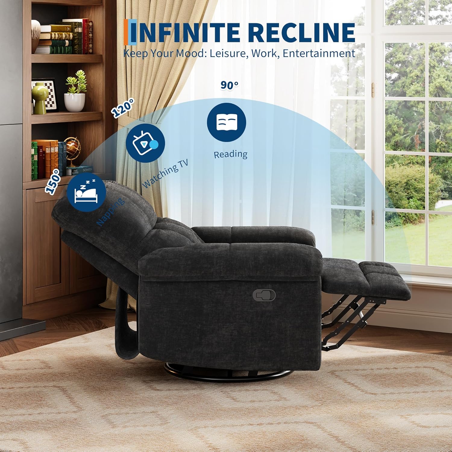 GarveeHome Recliner Chair, 360° Swivel Rocker Glider Nursery Chair with Padded Armrest and Deep Seat, Chenille Upholstered Reclining Sofa Chair for Living Room, Bedroom and Nursery (Black)