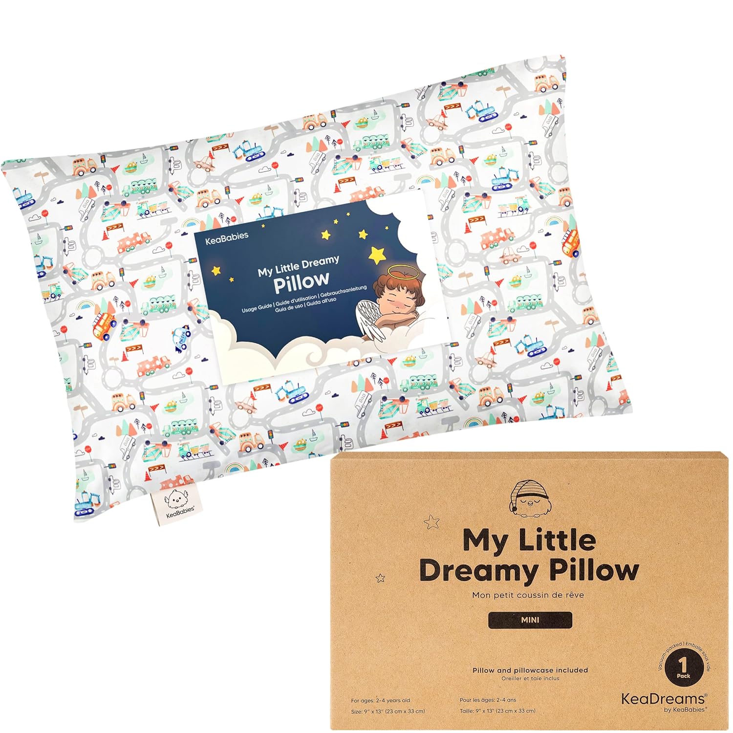 Mini Toddler Pillow with Pillowcase - 9x13 My Little Dreamy Travel Kids Pillow for Sleeping, Toddler Bed, Small, Tiny, Organic Cotton Pillowcase, Soft & Breathable, Kids 2-4 Years Old (Roadway) Roadway Mini 9x13