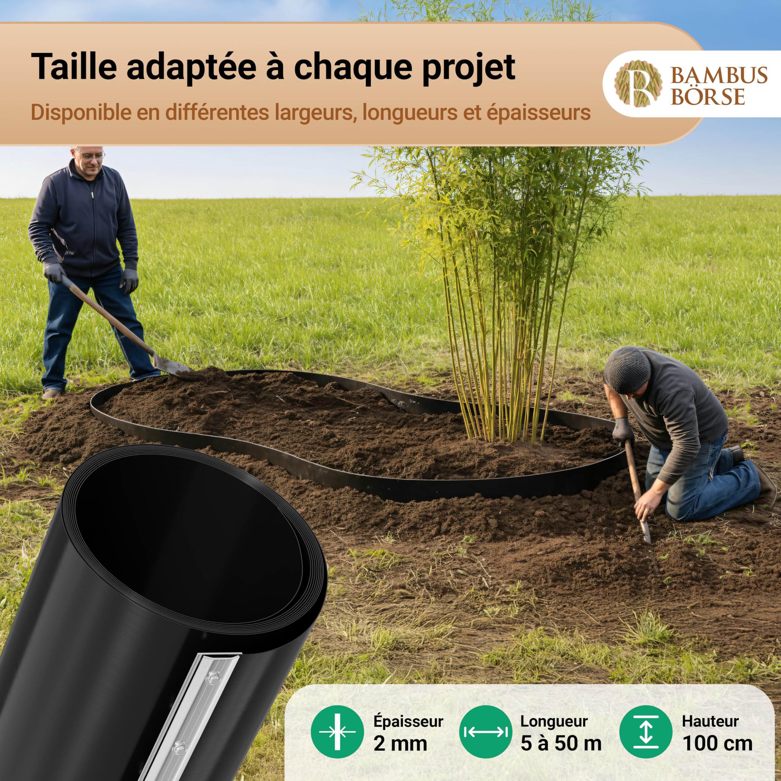 Barrière anti-racines de 100 cm de haut - Barrière anti-rhizomes avec rail de fermeture Épaisseur 2 mm - 15 m de longueur - En HDPE de haute qualité
