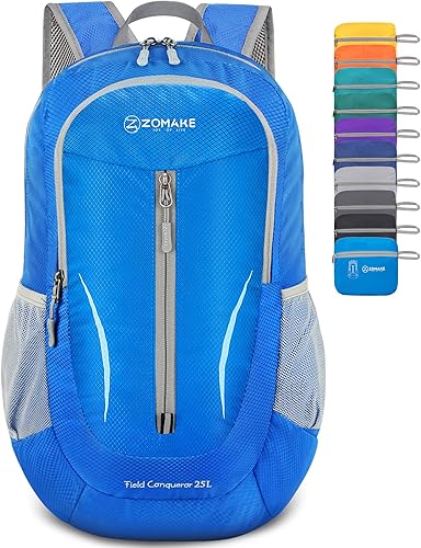 ZOMAKE Mochila plegable ultraligera de 25 litros, mochila de senderismo plegable resistente al agua, pequeña mochila plegable para viajes (azul