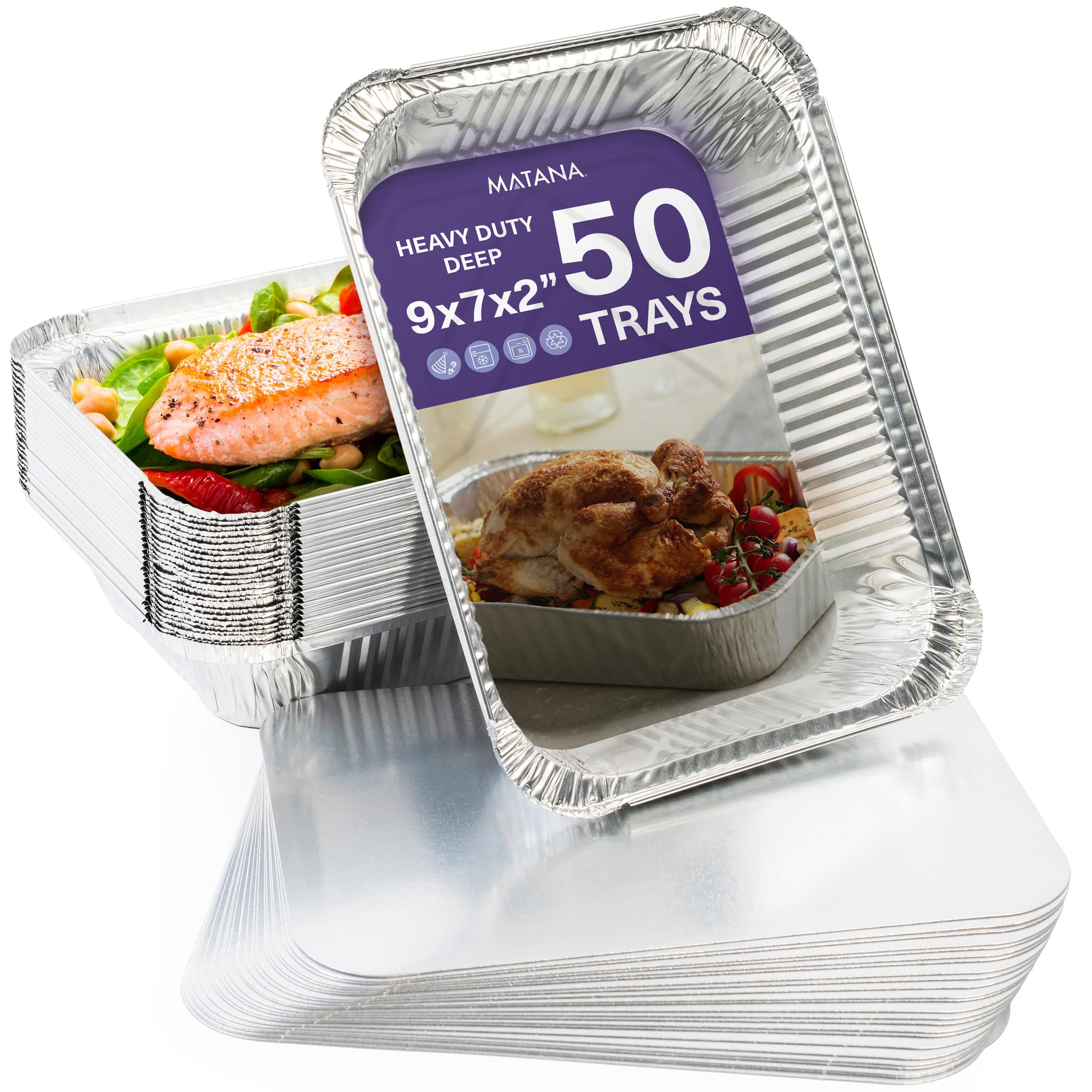 MATANA 50 Aluschalen mit Deckel – 22×17 cm (1200 ml), 4,2 cm tief | Schwerlast-Aluminium Backofen- & Grillschalen – Robuste Auflaufformen, Stapelbar, Ofen- & Gefrierschrankgeeignet