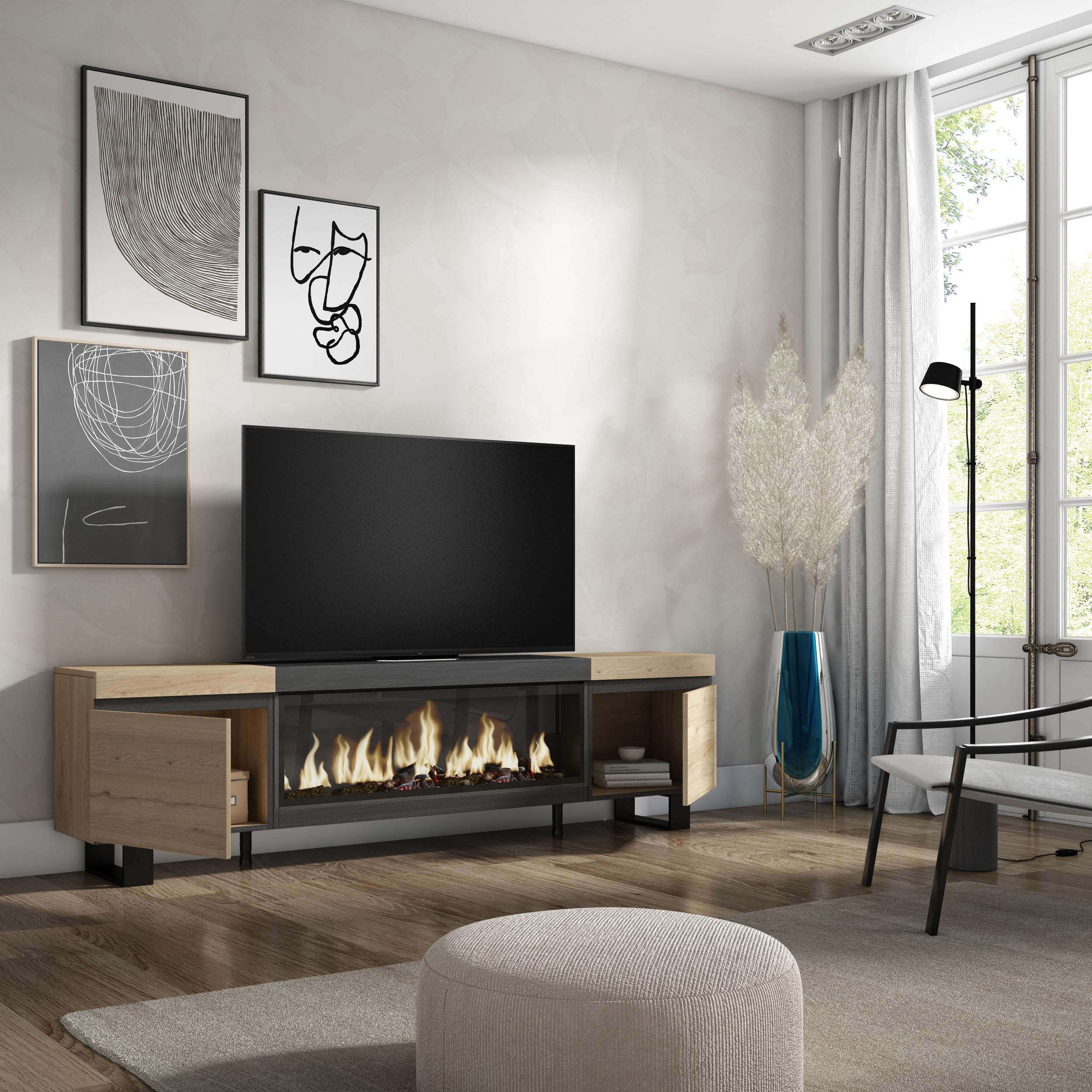 Meuble TV Avec Cheminée Électrique LED - 207x50x37 Cm - Style Moderne Noir & Chêne - Support TV Jusqu'à 80 Pouces