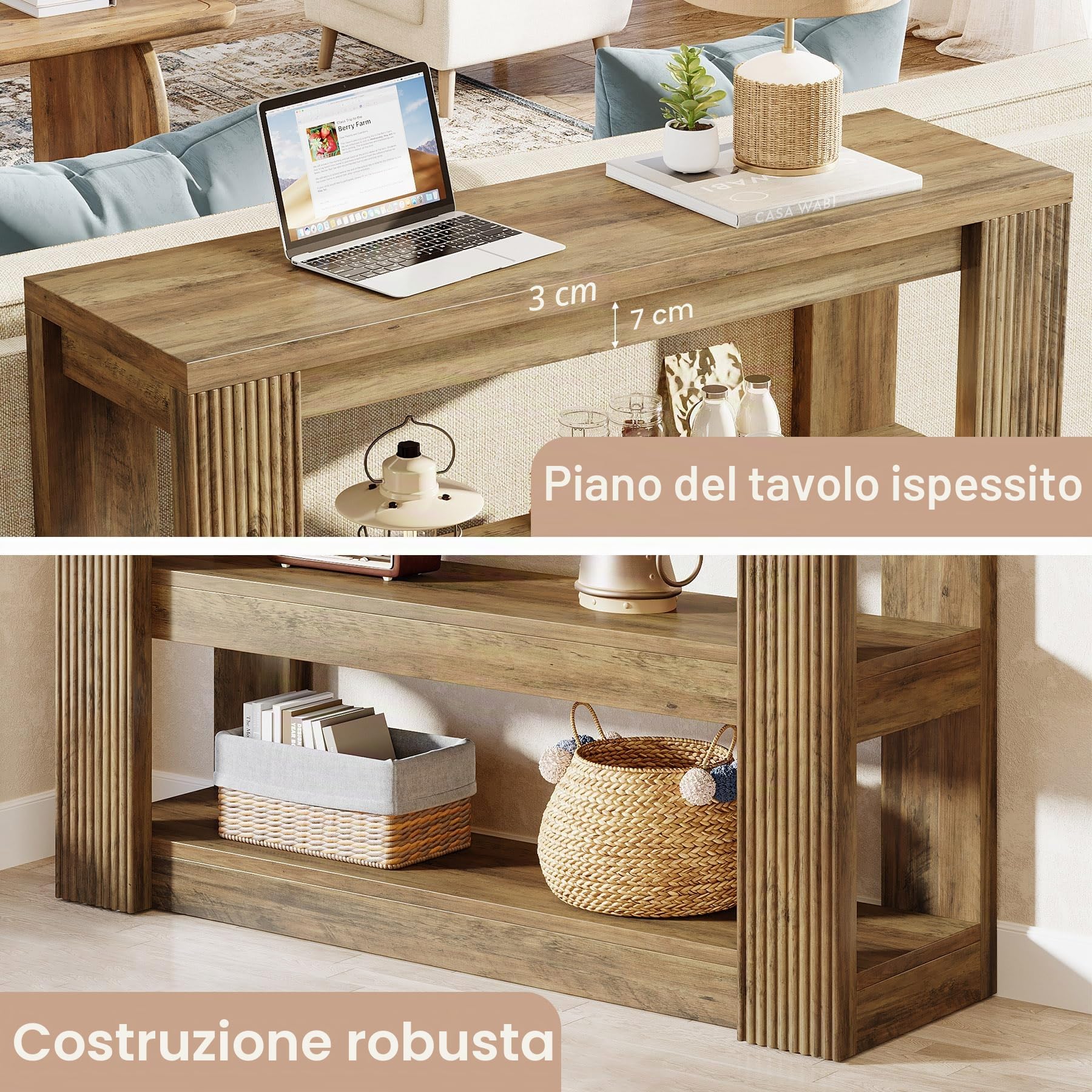 Tribesigns Tavolino da ingresso da 105 cm, Tavolo Consolle a 3 ripiani con vani portaoggetti, tavolino da divano stretto da posizionare dietro il divano per soggiorno, corridoio, ingresso