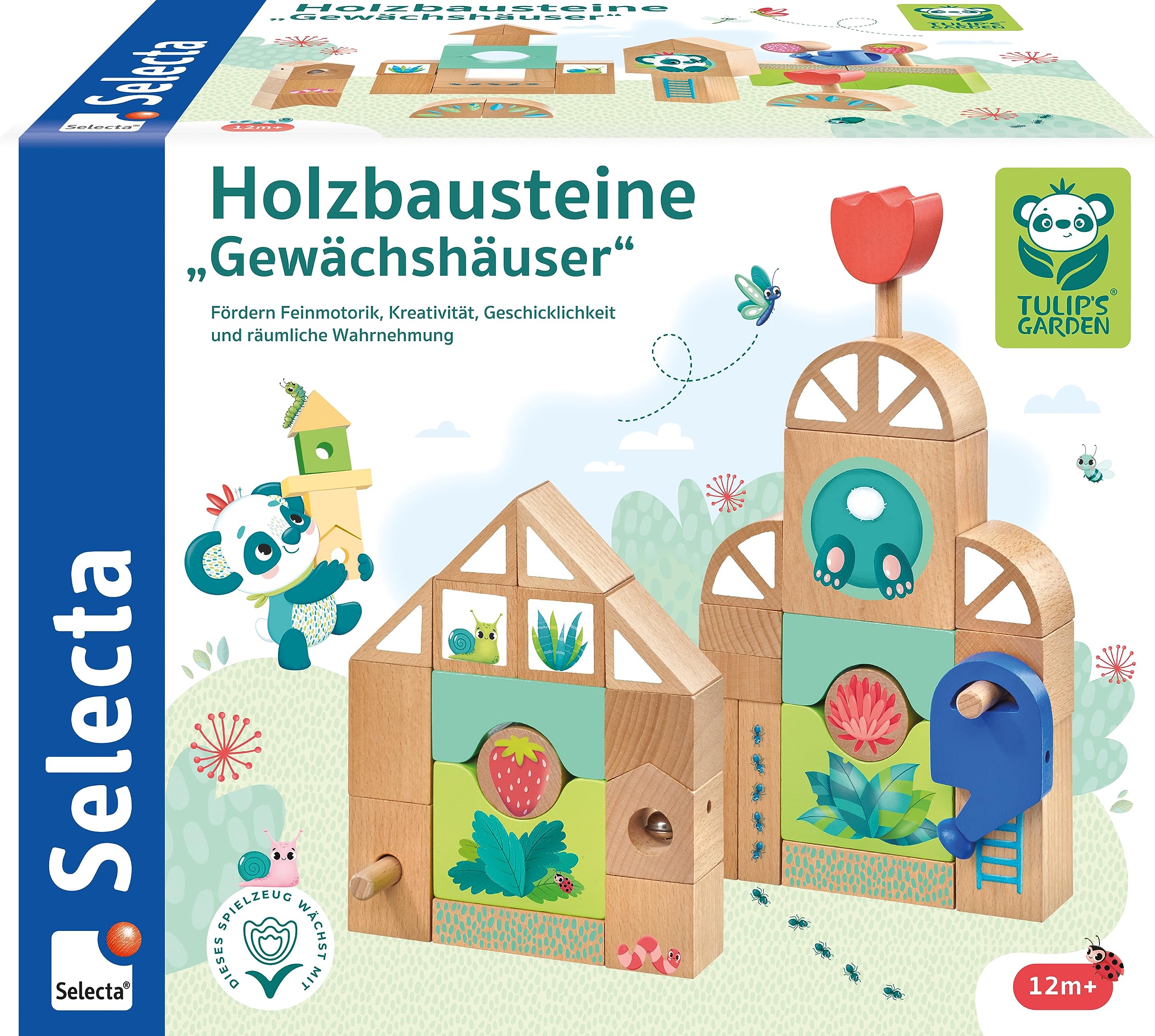 Selecta 62085 Tulips Garden, serre con mattoncini in legno, 34 pezzi