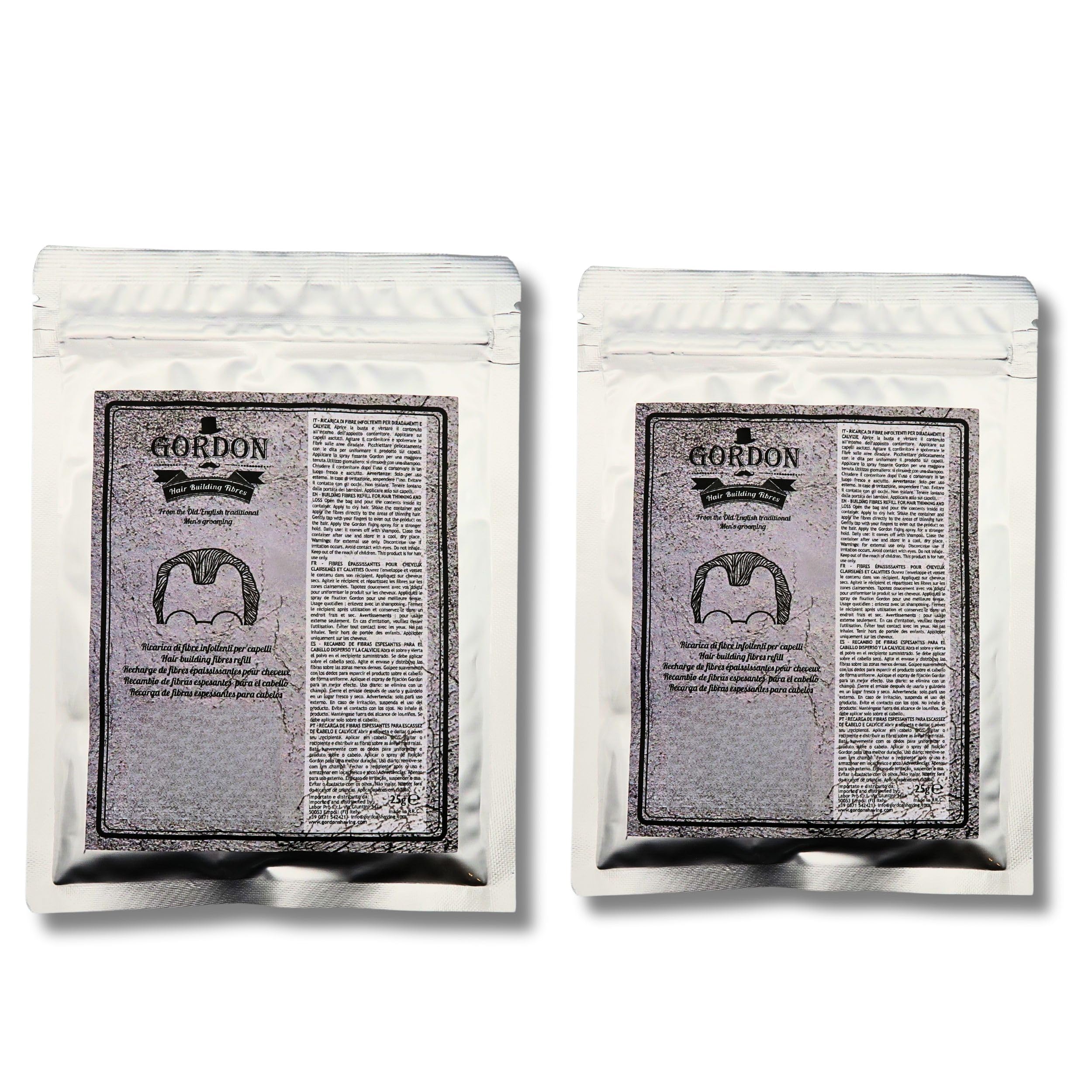 Fibre per capelli Gordon – Ricarica da 25g in busta richiudibile, copertura istantanea per il diradamento. (2 x Castano Scuro - Dark Brown)