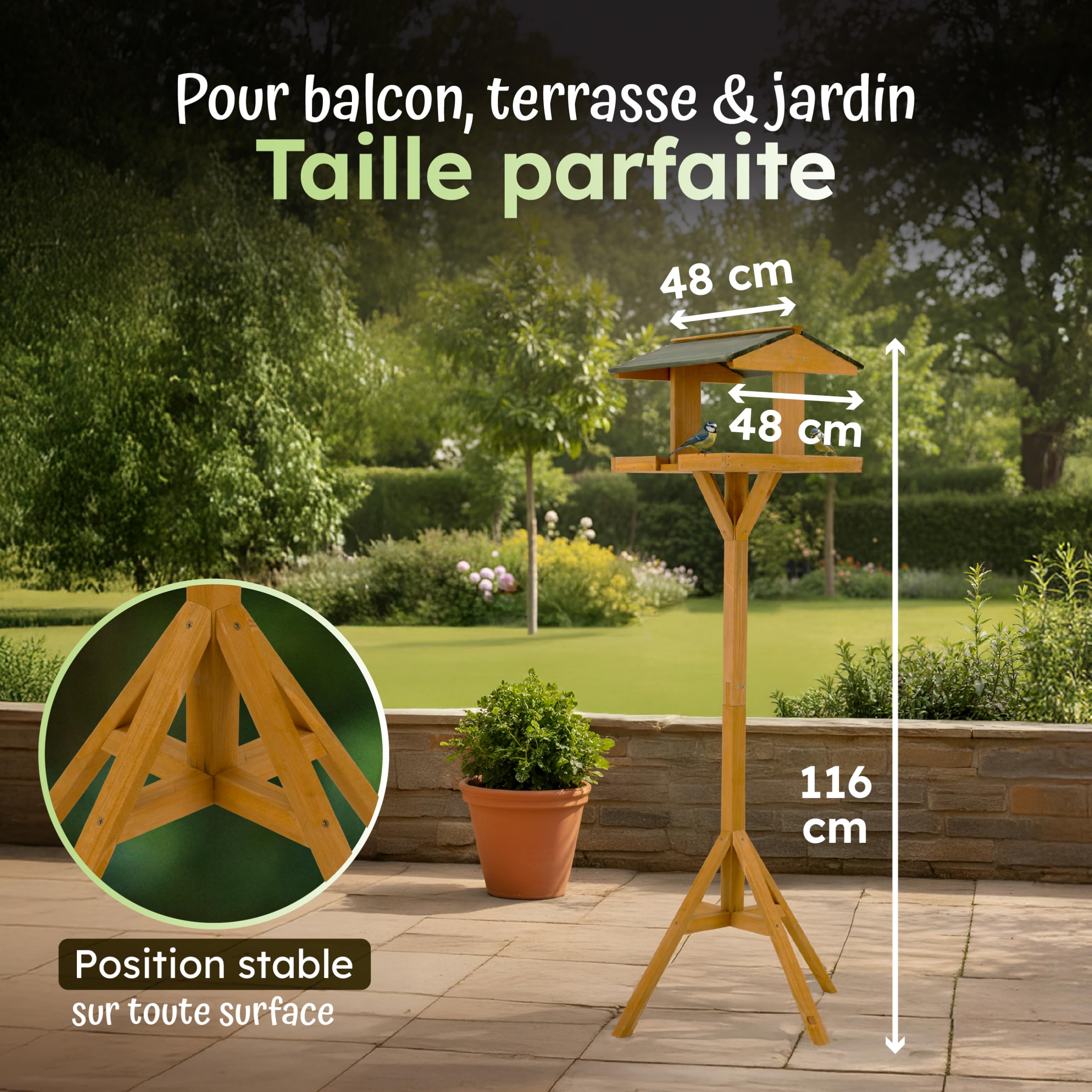 Moorland Nichoir Mangeoire Oiseaux Exterieur sur Pied 116 cm avec Toit – Grande Mangeoire Cabane Oiseaux en Bois de Sapin pour Jardin Balcon Terrasse – Résistant aux Intempéries Toute l'Année – VH5