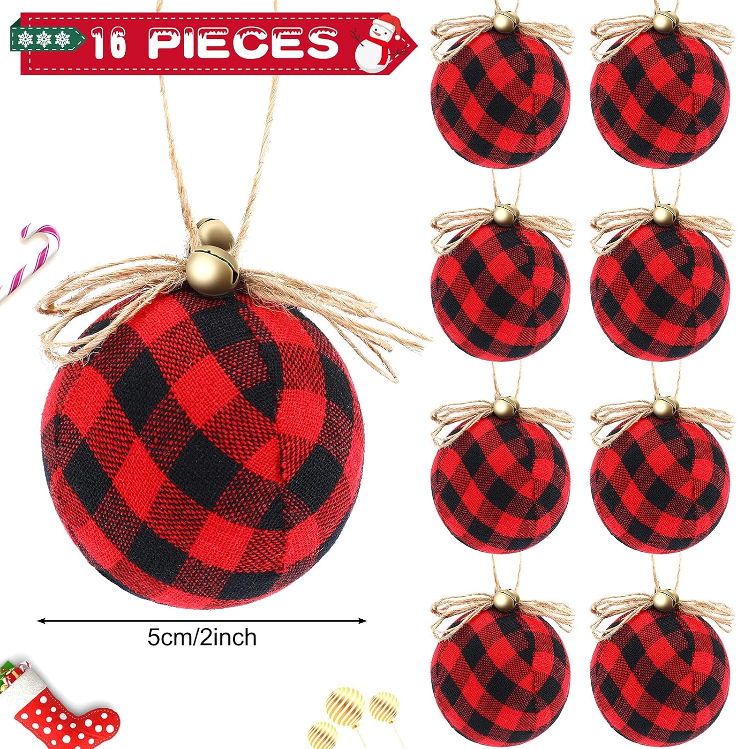 16 Pieces Christmas Ball Ornaments Buffalo Plaid Tree Hanging Decorations Xmas Rustic Decorative Ball Ornaments Christmas Tree Decorations with Bell for Xmas Party Supplies