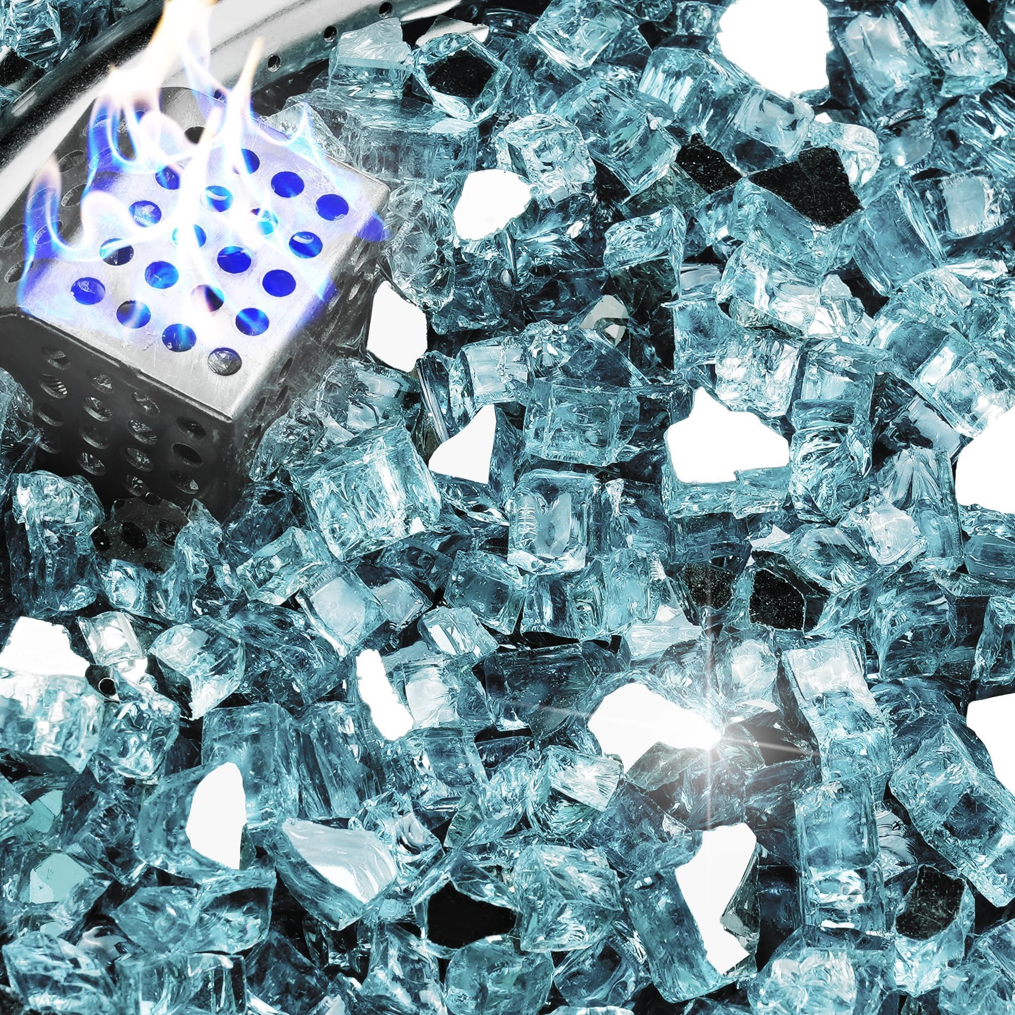 NUPICK 10 lb Reflective Fire Glass, 1/2 Inch, Fit for Fire Pit & Fireplace, Pacific Blue