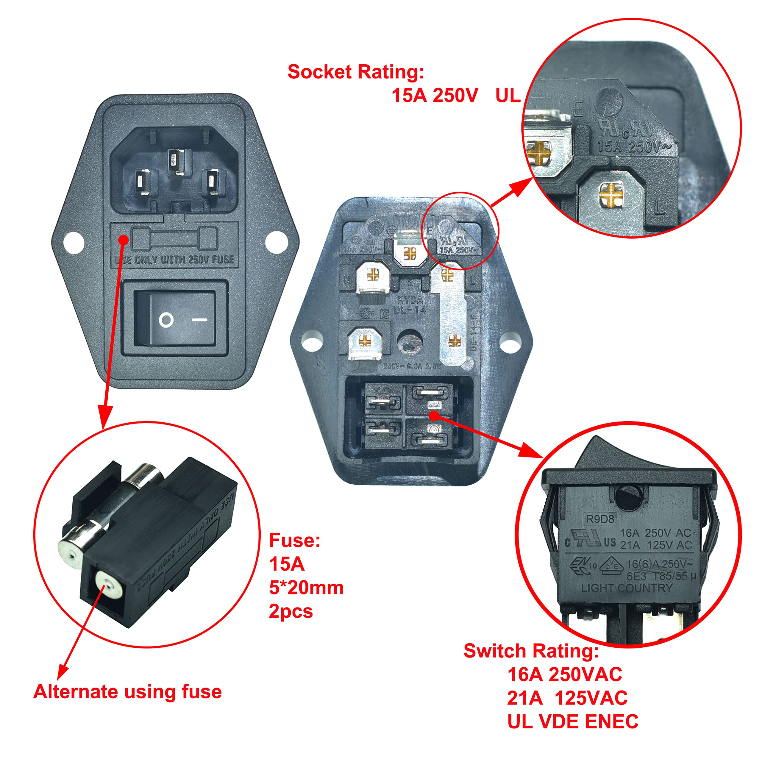 15A 250VAC Inlet Plug 10-Pack IEC320 C14 Panel Mount Power Sockets ...