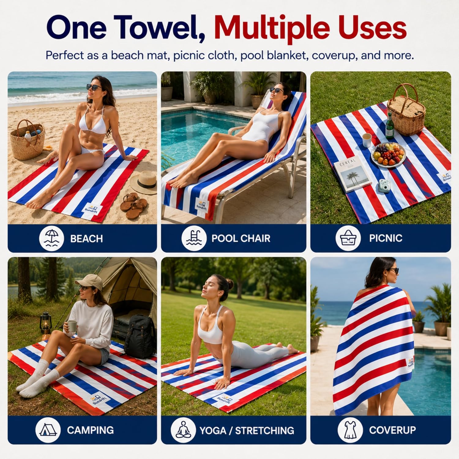 Oversized Microfiber Beach Towel 71x36 Inch, Quick Dry Sand Free Travel Towel, Lightweight Sueded Beach Blanket for Pool, Camping, Yoga & Beach Trips (Red/White/Blue)