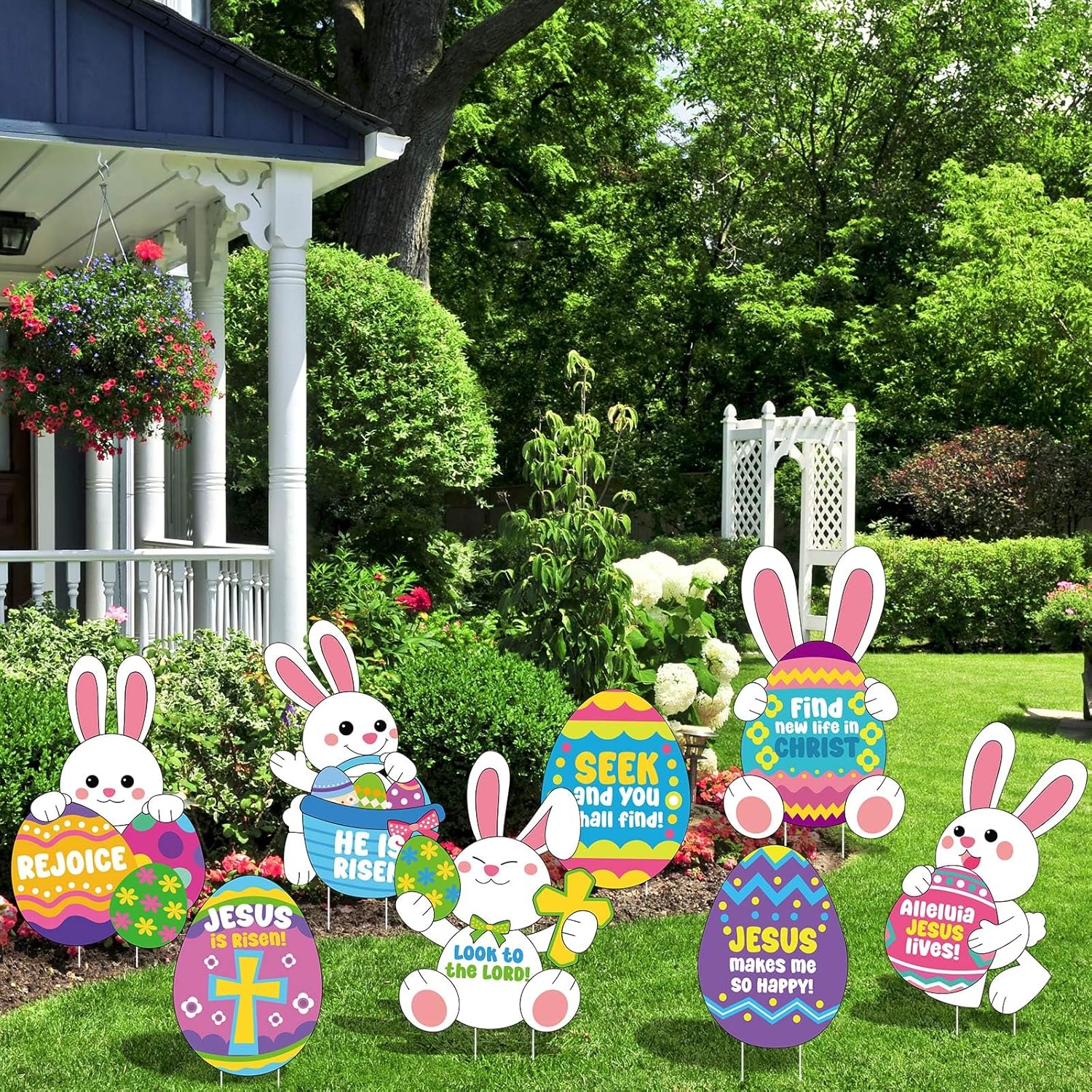 8 Pcs Religious Easter Yard Sign with Stakes Happy Easter Bunny Egg Hunt Sign Outdoor Lawn Decorations for Easter Outdoor Props Party Supplies Garden Yard Decor