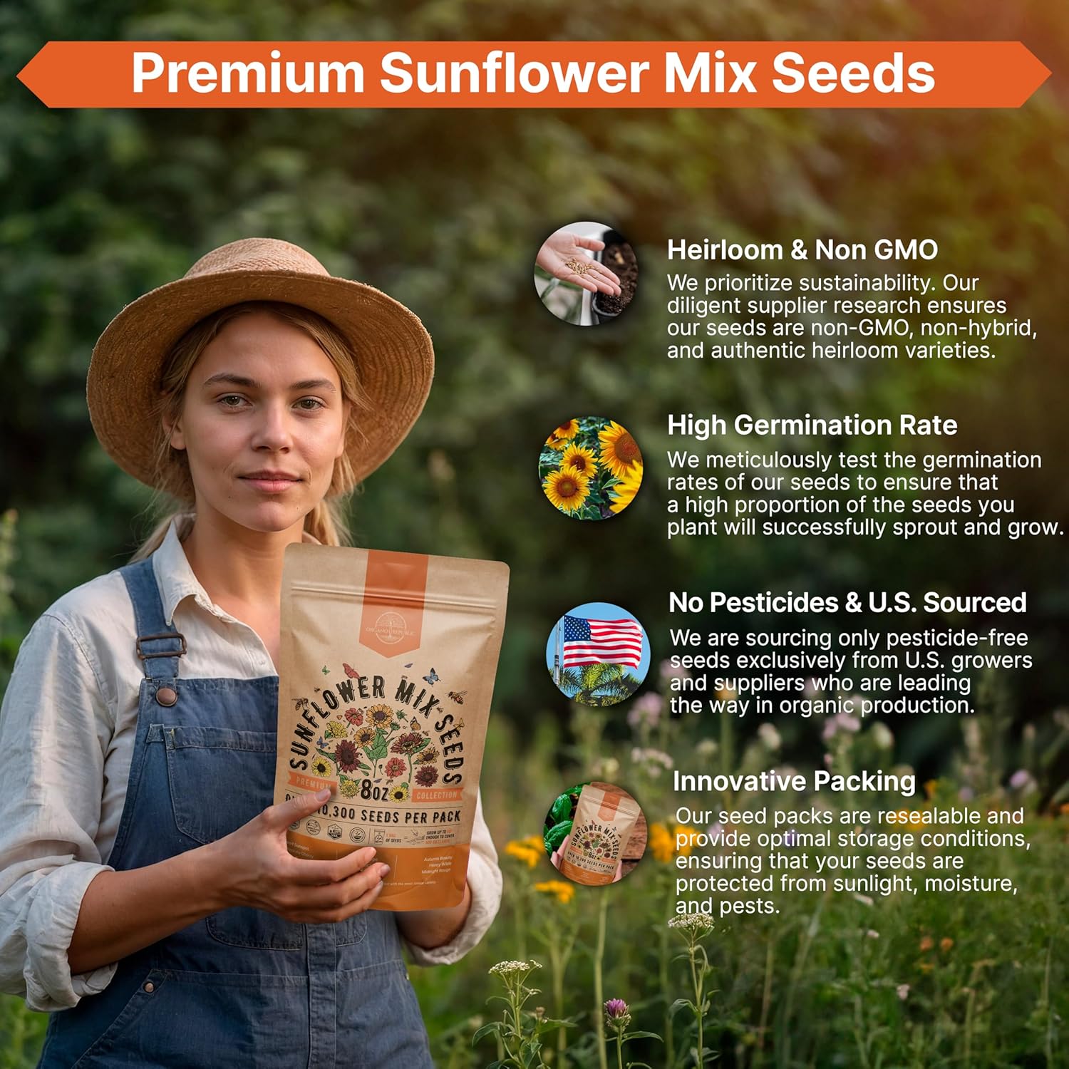 Sunflower Mix Seeds Pack 8 oz - Over 10,300 Non-GMO Heirloom Sunflower Seeds for Planting, Annual Flowers in Individual Seed Packet for Planting Home Garden Indoor & Outdoor Gardening (Pack of 2)