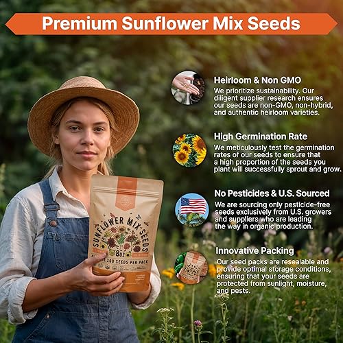 Miniatura 6 de Sunflower Mix Seeds Pack 8 oz - Over 10,300 Non-GMO Heirloom Sunflower Seeds for Planting, Annual Flowers in Individual Seed Packet for Planting