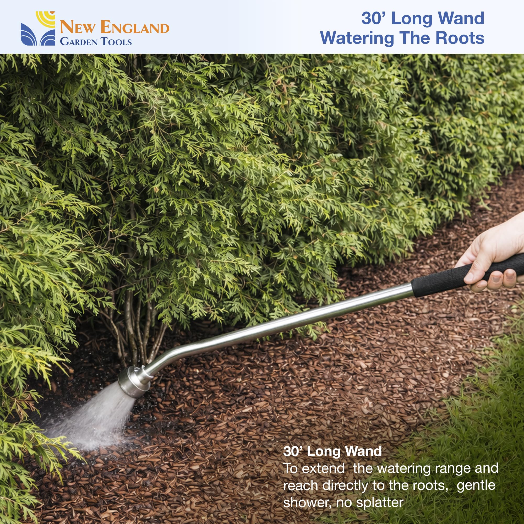 Varita de manguera de agua de metal de 30 pulgadas con spray suave 600003 con agarre cómodo y válvula de cierre de New England Garden Tools para limpieza, riego de plantas y patios, lavado de coches y