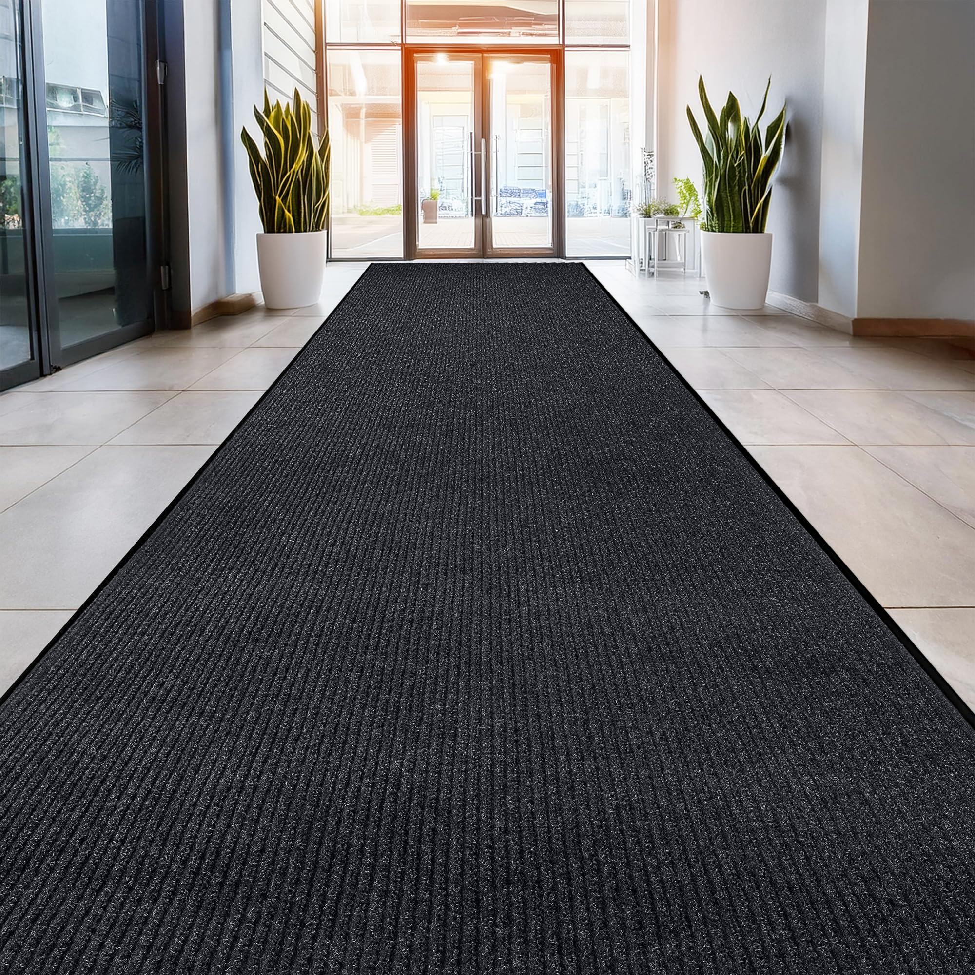 MaxMat® Oversized Rubber Door Mat - Heavy Duty, Waterproof, Low-Profile, Easy to Clean, Commercial Floor Mat (4 x 16 Feet, Charcoal, MXM-RIB0316BK)