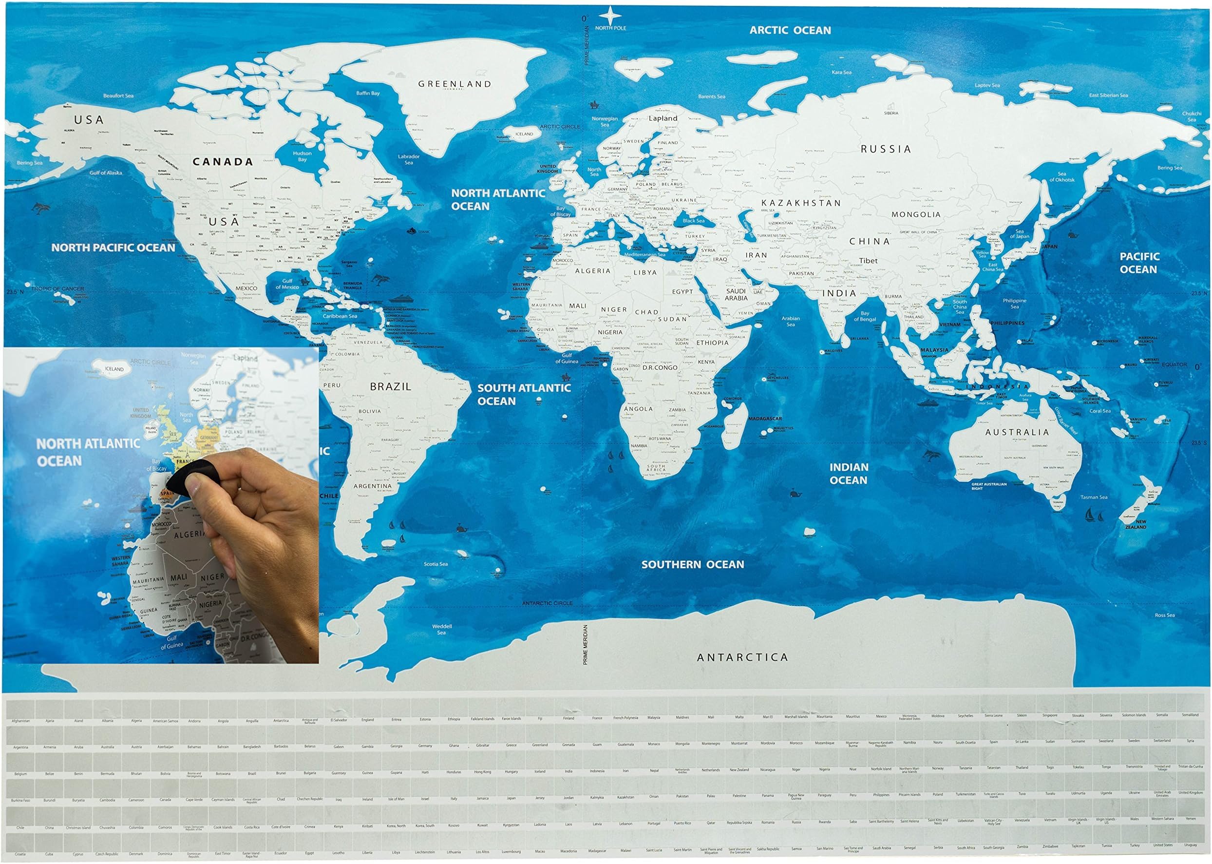 Scratch Off World Map By Trip Fix: Personalized Travel Poster, Blue And Silver, Detailed And Educational Adventure Travel Tracker, Divided USA States, Unique Gift, Home Decor, Geography Teacher Tool