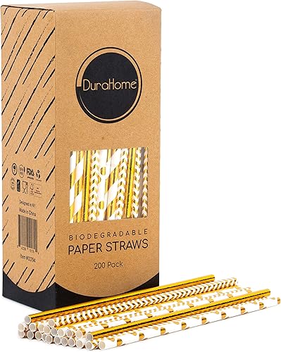 Miniatura 8 de DuraHome - Paquete de 200 popotes biodegradables con diseño de rayas doradas y rosas de 8.25 pulgadas para uso diario, fiesta de cumpleaños, baby