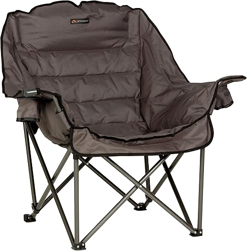 Lippert Big Bear Club - Silla de camping gris oscuro, cómoda silla plegable, cojines de almohada de gran tamaño, portavasos dobles, acero recubierto