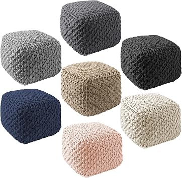 Casafield Square Pouf Ottoman, Black - 18.5 W x 18.5 D x 14.5 H Cotton Knit Foot Stool - Boho Floor Pouffe for Living Room, Bedroom, Home Office