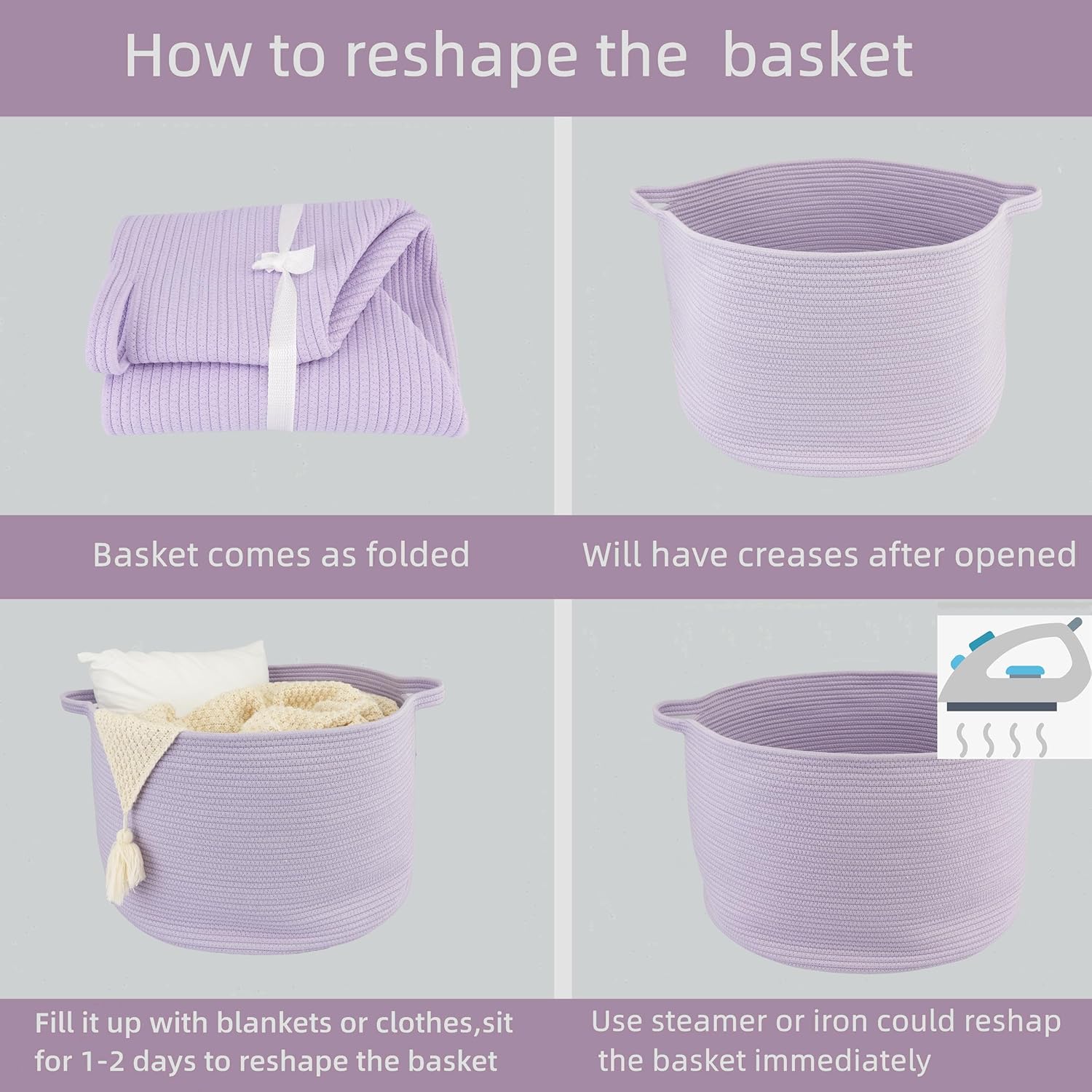 XUANGUO Extra Large Cotton Rope Basket Blankets Basket Living Room 22"x14" Toy Basket for Kids Storage Basket for Nursery Woven Laundry Basket for Clothes Baby Toy Storage round purple or Lavendor