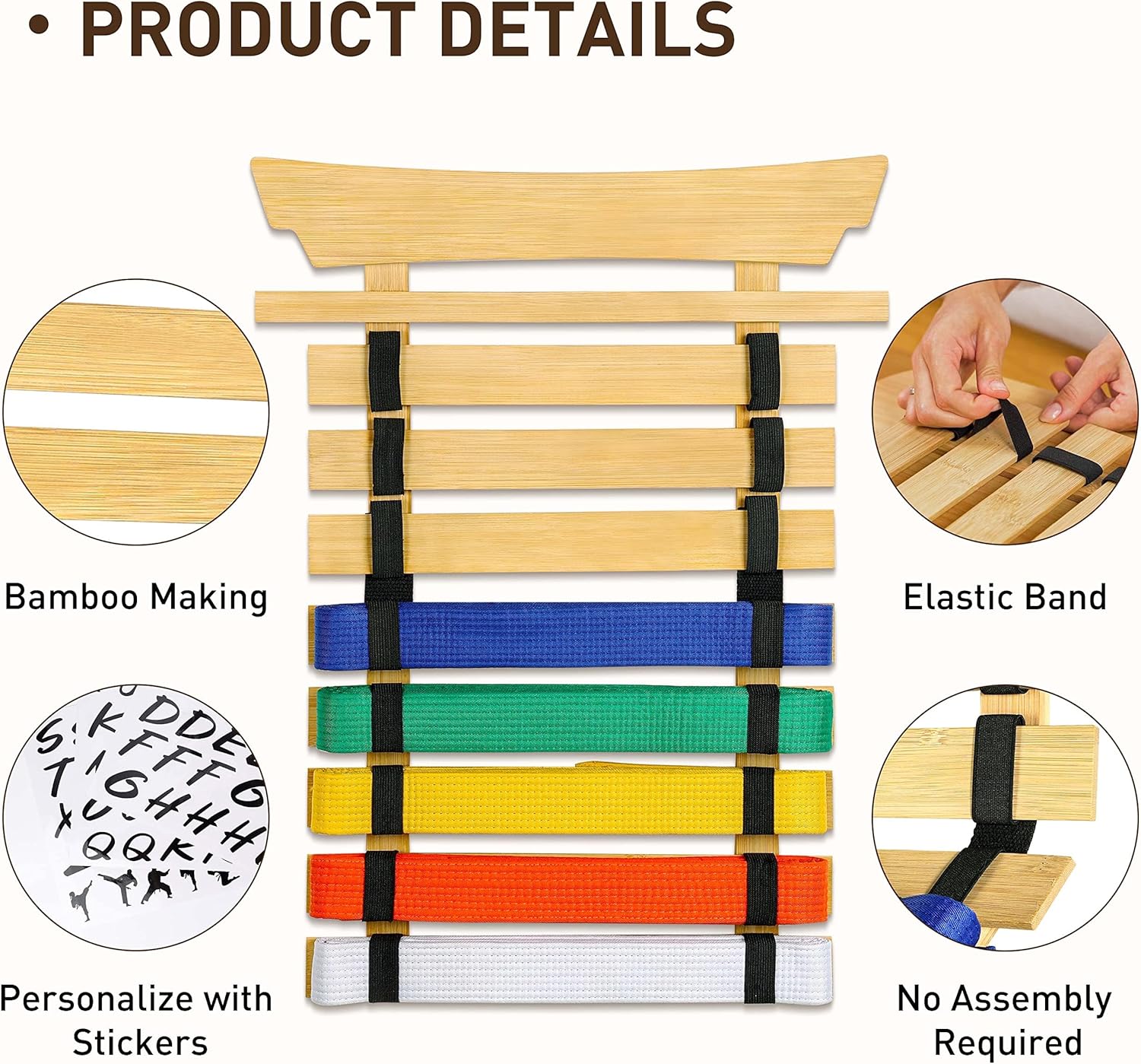 Bamboo Karate Belt Display Rack with 12 Belts Karate Belt Display Rack with PVC Medal Storage, Taekwondo Belt Display Holder, Martial Arts Belt Rack for Martial Art Learner