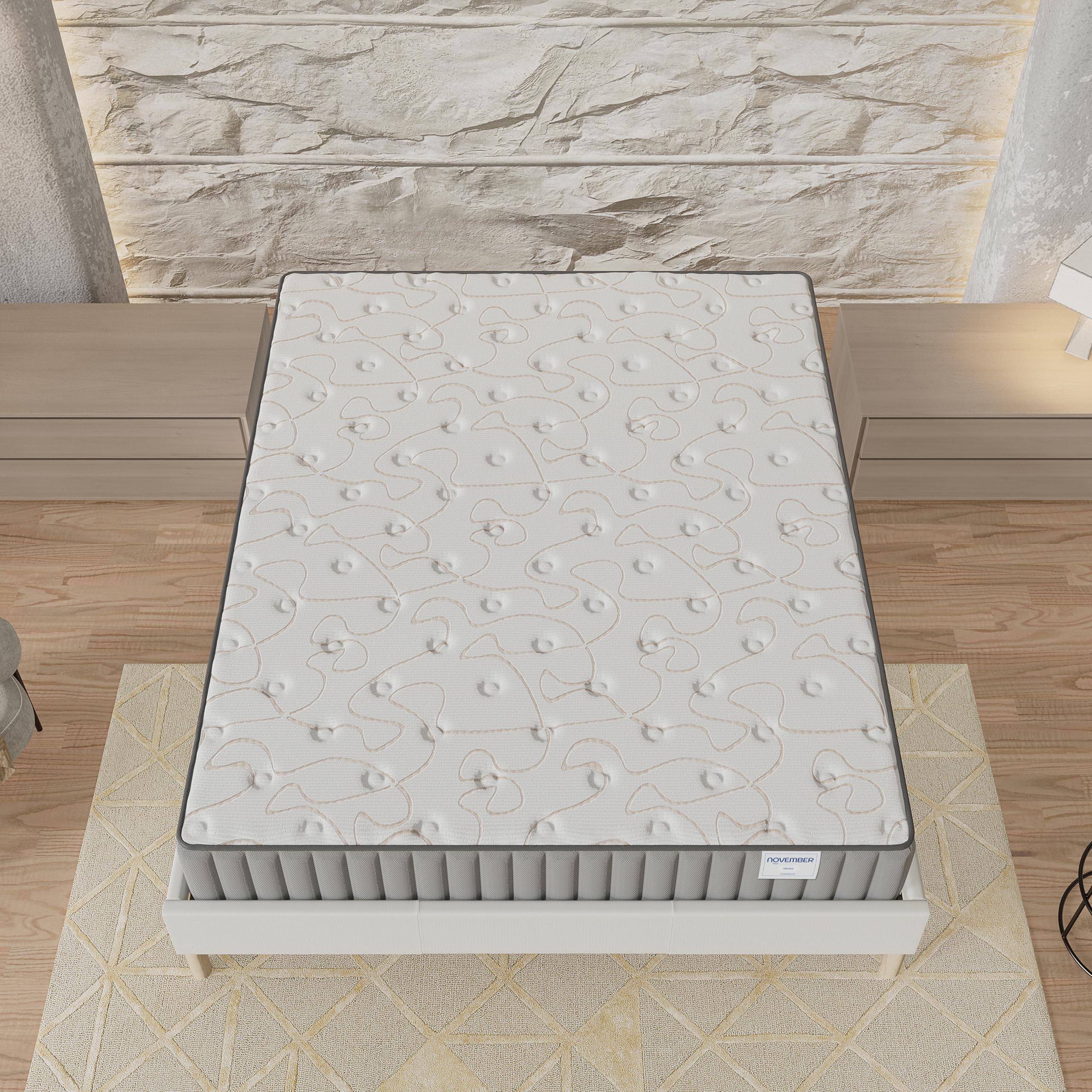 NOVEMBER- Ensemble Matelas + sommier (120 x 190cm)- Matelas Orionis Mousse Mémoire de Forme & Mousse Haute Densité d’épaisseur 16cm + Sommier Bois Stable & Robuste revêtement Tissu Blanc