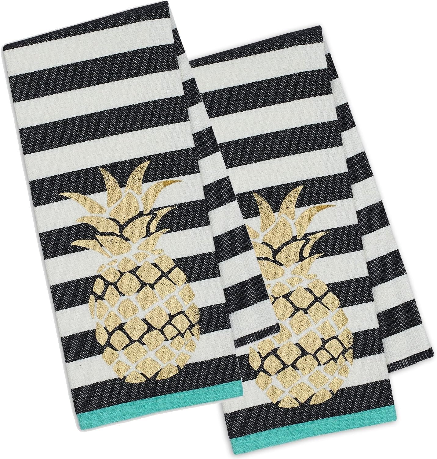 DII Set of 2 Golden Pineapple Dishtowels with Black and White Stripes (2)