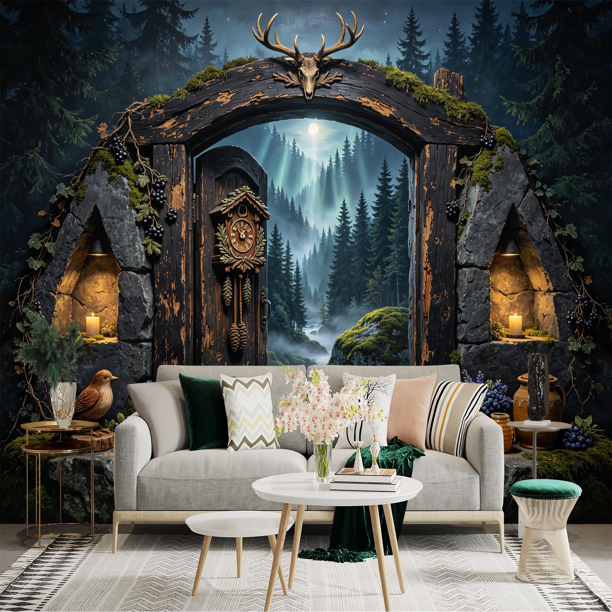 Custom Size Wall Sticker Mural， Rustic Forest Door， Moonlit River and Pine Trees， for wall Decoration， peelandstick wall Decals.
