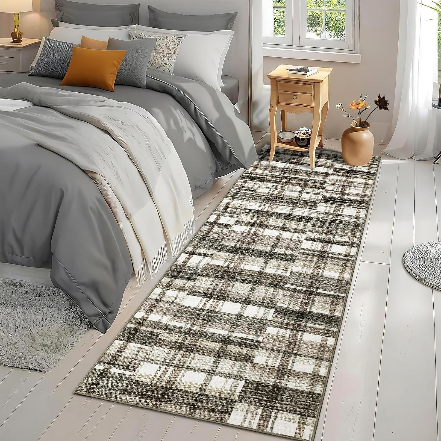 GarveeHome Runner Rug-Perfect for Entryway Living Room Bedroom Bedside Nursery Office Low Pile Washable Neutral Soft Faux Wool Carpet Non Slip Distressed Modern Plaid Area Rug 2x6 ft Beige and Brown