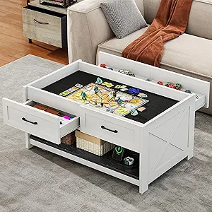 DWVO Farmhouse Living Room Coffee Table: 3-in-1 Board Game & Puzzle Table with Play Mat, 4 Drawers, Power Outlet, Removable Top Black