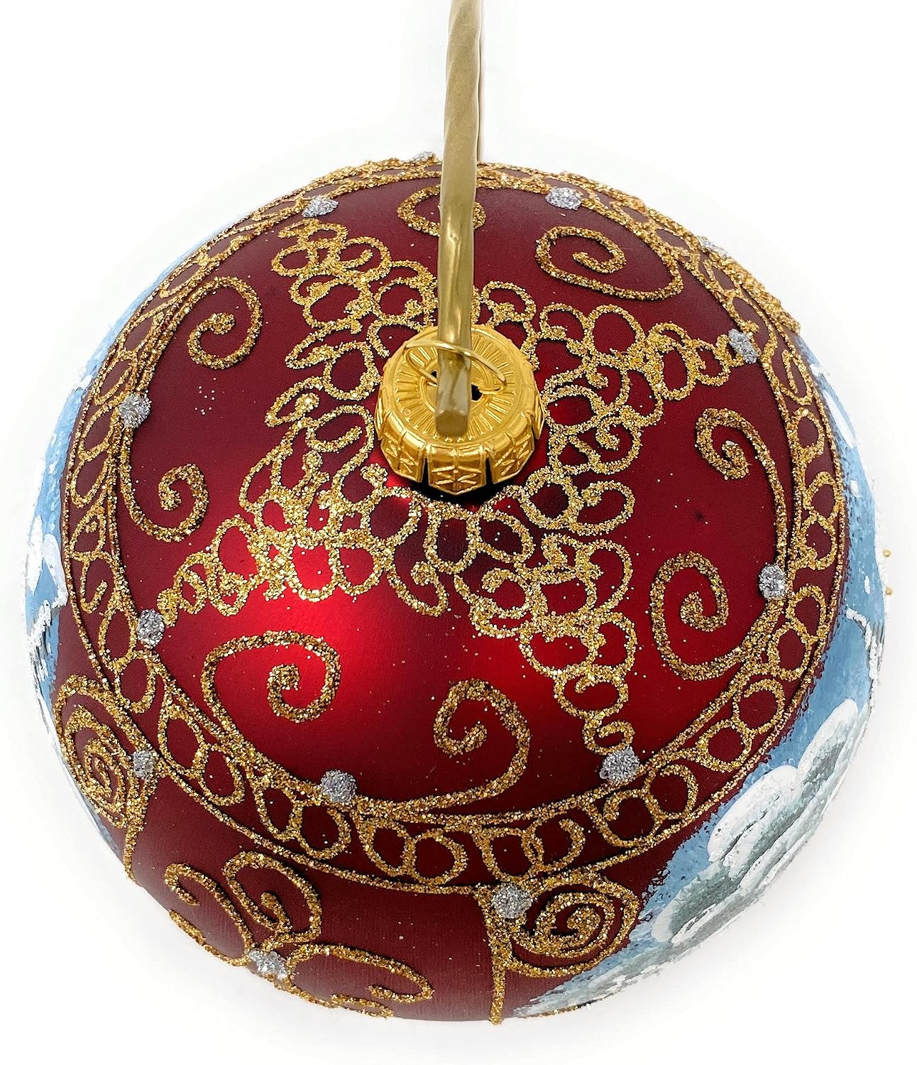 Christmas Ornament, Countryside Church and Log Houses Landscape, Blown Glass Ball (Burgundy, 120mm)